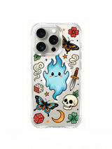 Blue wisp ghost in an old-school tattoo garden artwork on an iPhone 15 Pro case