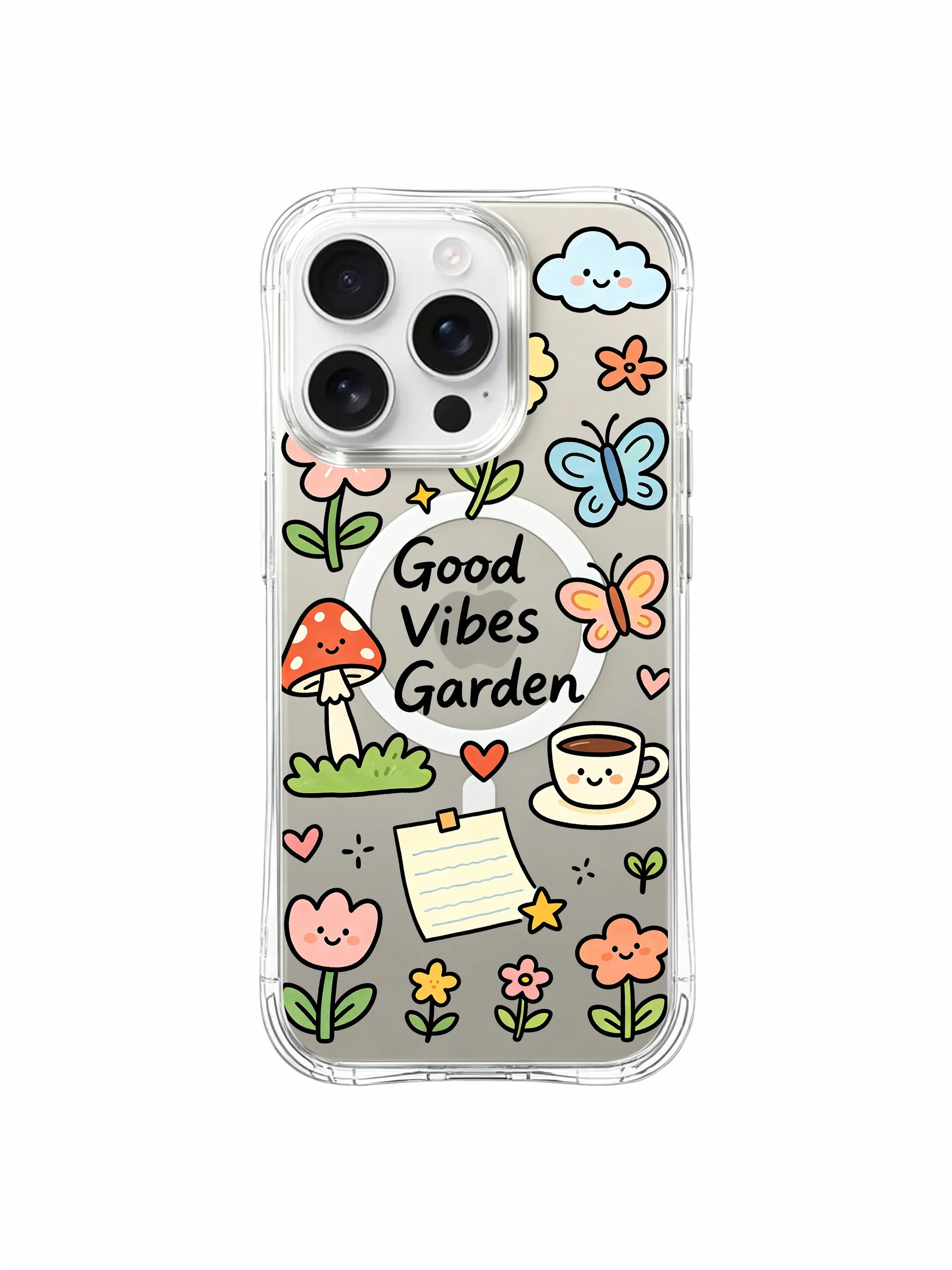 PhoneCasing iPhone 16 pro max protective case with smiling clouds and garden doodles, whimsical cottagecore style.