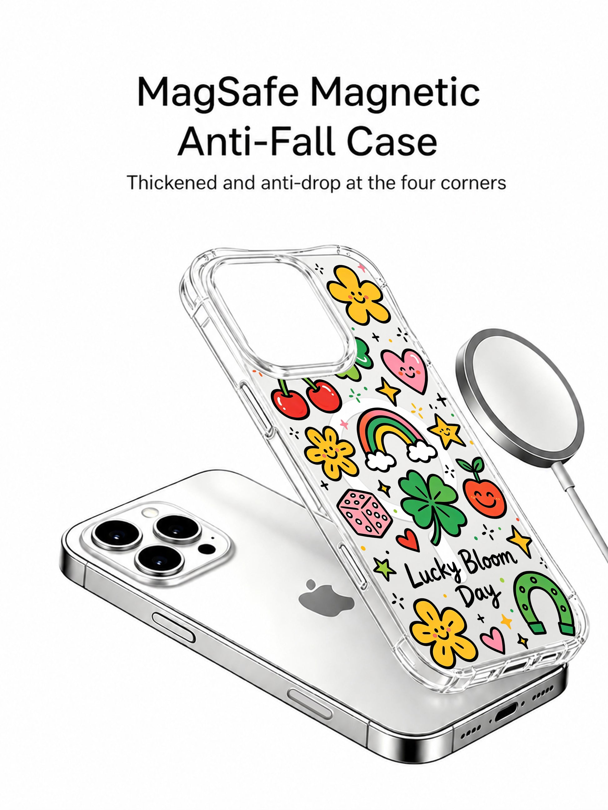 PhoneCasing iPhone 16 pro max scratch-resistant case with a cute doodle design of four-leaf clovers, flowers and cherry motifs.