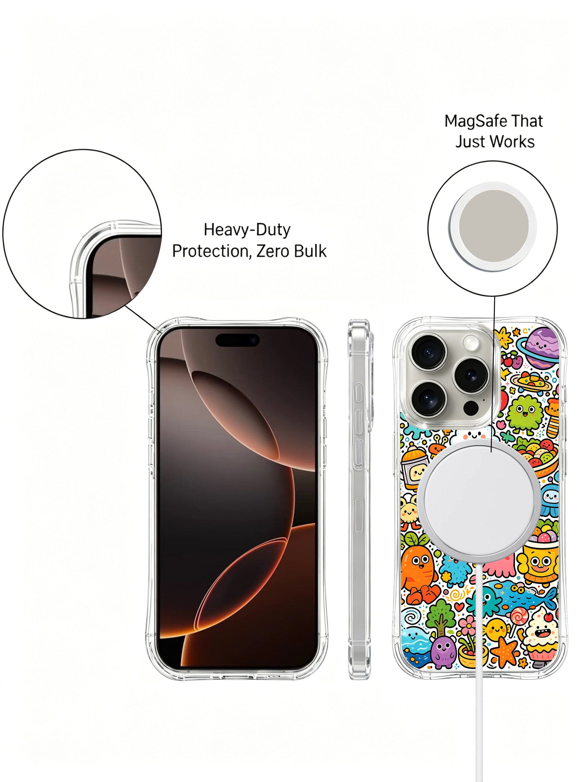 PhoneCasing iPhone 16 pro Case with cute intergalactic friends illustration, part of Milo Yun’s Happy Little Worlds collection, high-quality art casing.