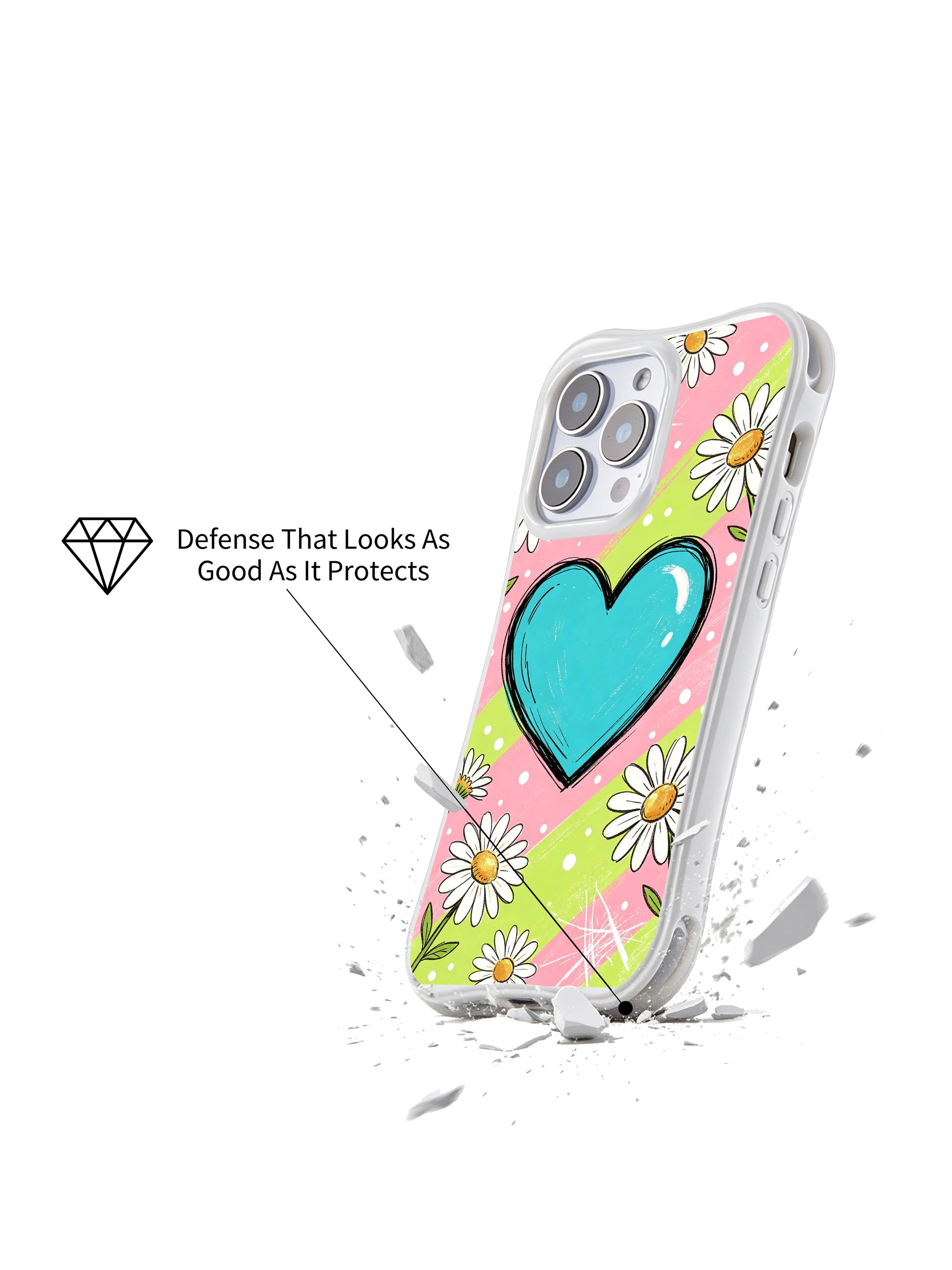 PhoneCasing iPhone 16 pro Case with lighthearted innocent pastel stripe daisy heart dot graphics blending pure gentle cheer and playful rough sketch texture, Ruby Daze dreamy sweet pop art, California made wavy white phone cover.