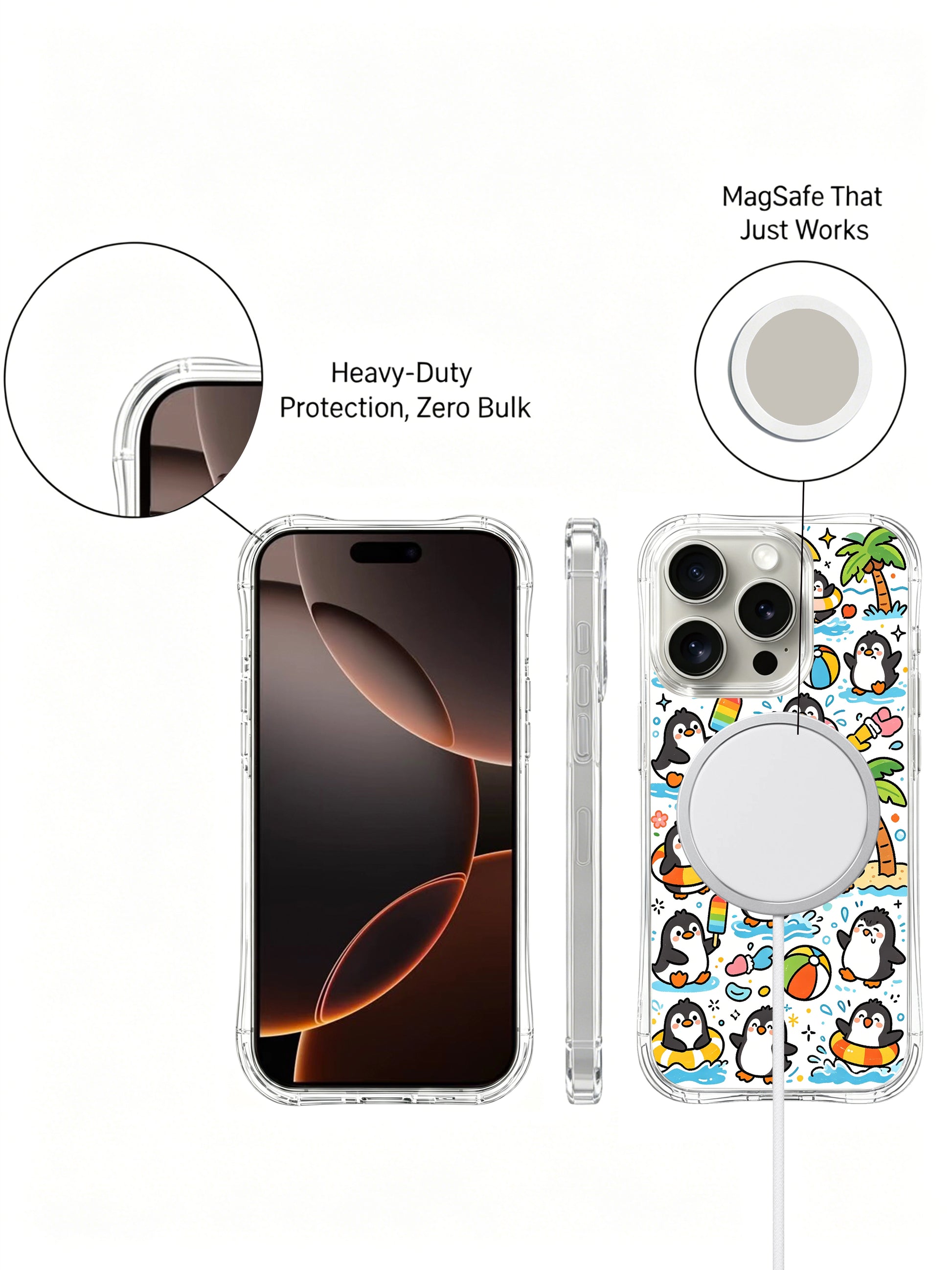 PhoneCasing iPhone 16 Pro Case with cute penguin pool party illustration, part of Milo Yun’s Happy Little Worlds collection, high-quality art casing.