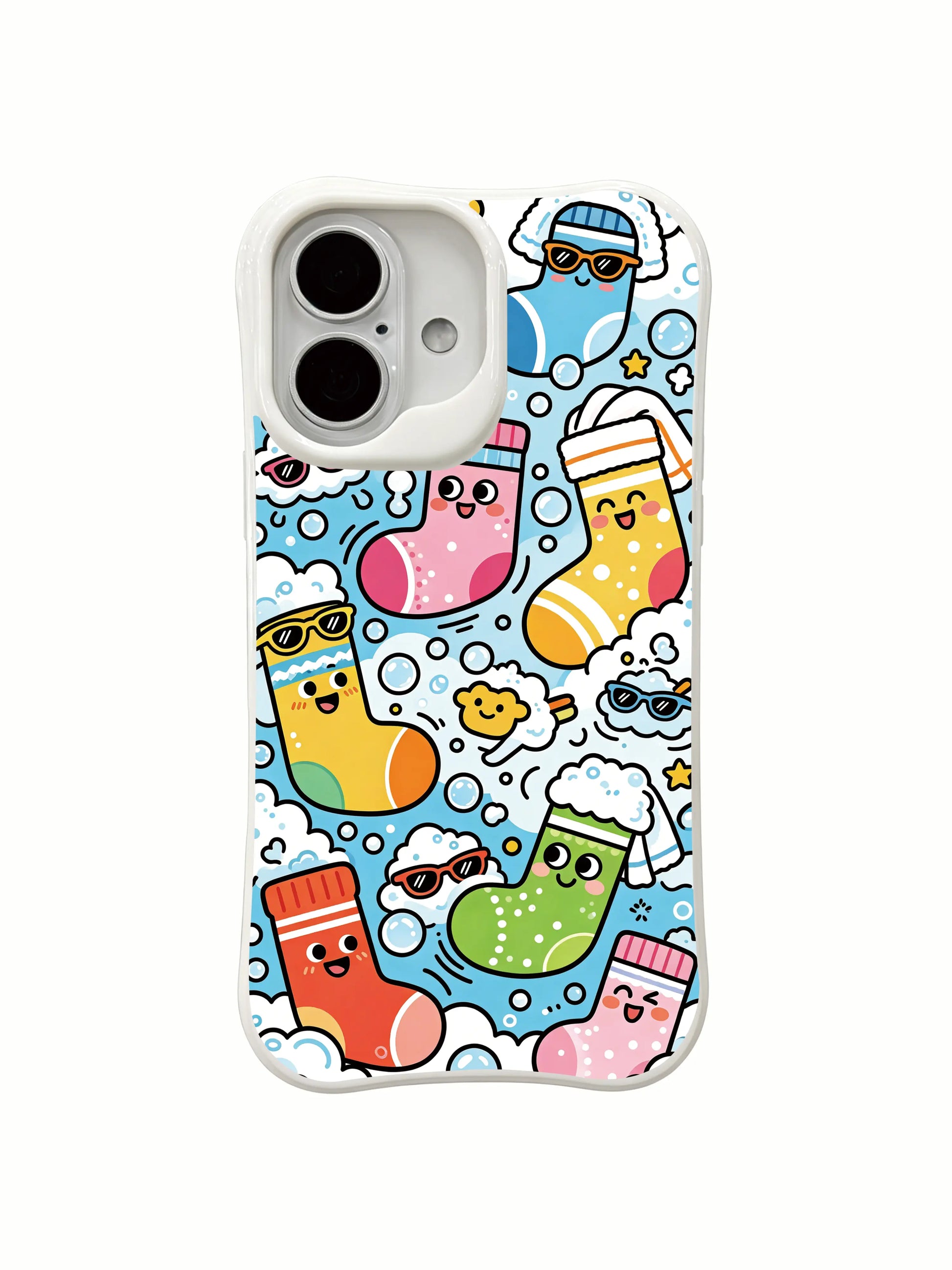 PhoneCasing exclusive artist collaboration iPhone 16 Plus Case, featuring Milo Yun’s Sock Monster Escape Day with playful sock characters and bubble art.
