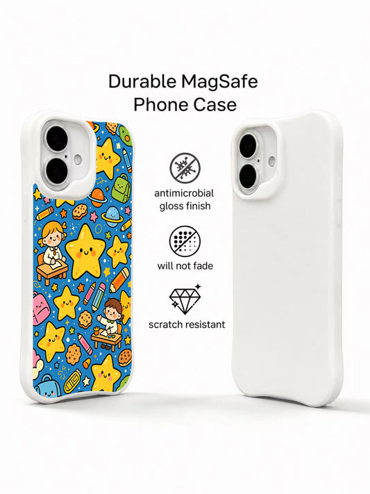 PhoneCasing cute star character iPhone 16 Plus Case, full-cover illustration from Milo Yun’s Star Kindergarten series, made in California.