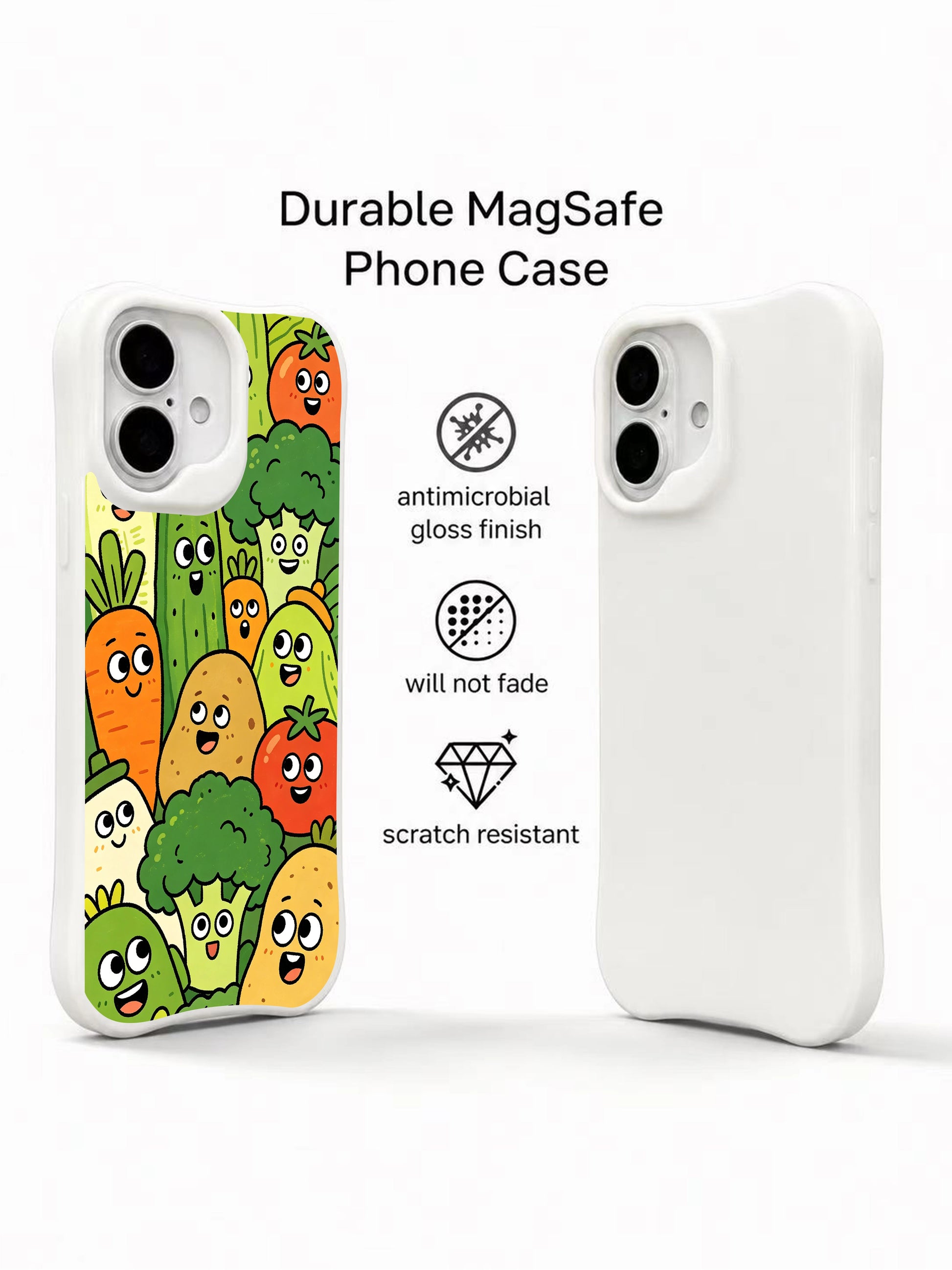 PhoneCasing cute veggie gang iPhone 16 Plus Case, full-cover hand-drawn illustration, high quality iphone 16 plus casing made in California.