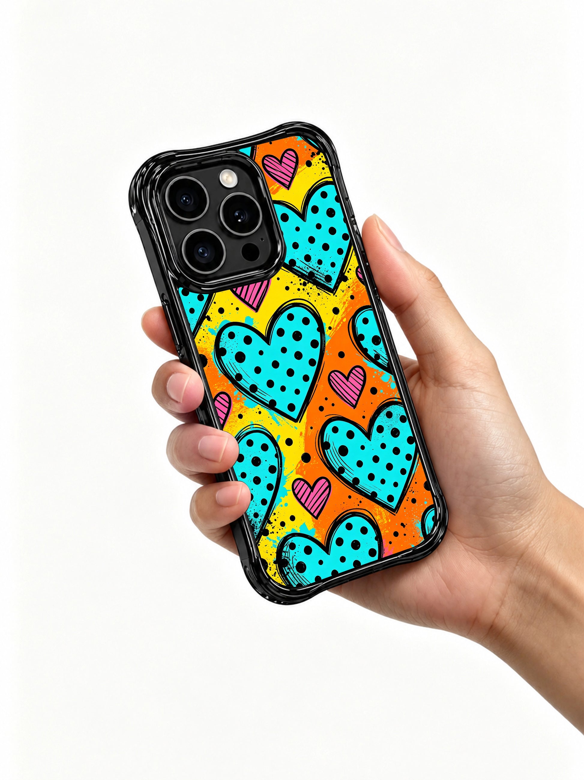 PhoneCasing iPhone 13 Pro Max case oversized turquoise hearts covered in solid black polka dots, mini pink striped heart accents, scratch-resistant bold statement phone cover.