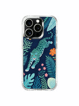 Blue spotted cat weaving through seaweed leaves artwork on an iPhone 13 Pro case
