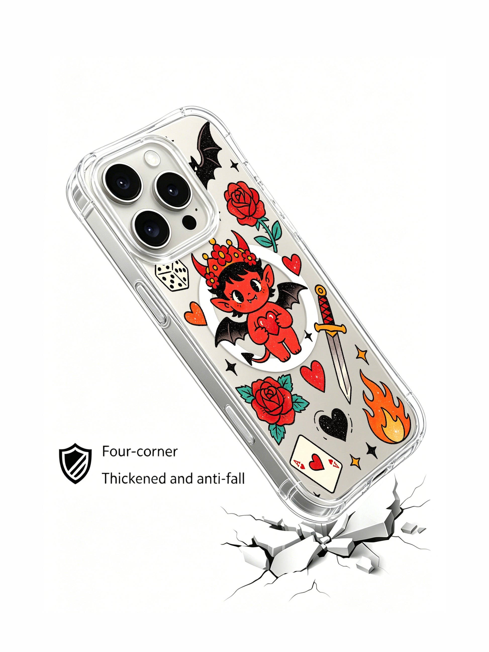 PhoneCasing iPhone 15 pro Case with old school dagger & red rose framing sweet heart-holding devil, exclusive Ruby Blackthorn limited-edition wearable art casing.