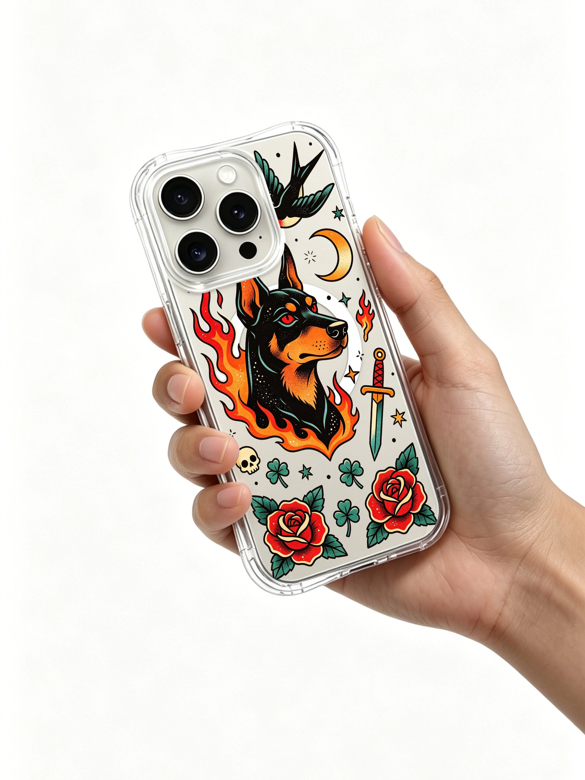 PhoneCasing iPhone 15 pro Case with traditional dagger and red rose doberman print, limited-run artist collab luxury phone casing ideal as unique gift for art-loving women.