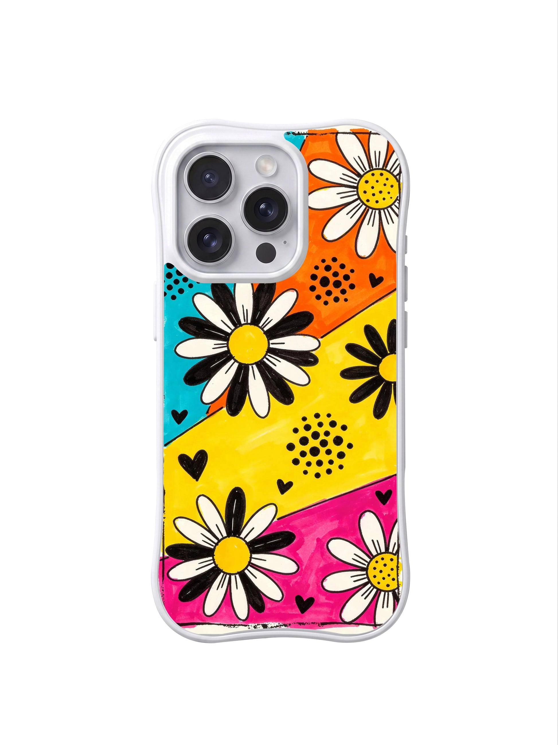 PhoneCasing iPhone 16 pro Case with imperfect organic thick rough marker hand-drawn outlines for bold carnival daisy petals adding gritty street-art counterbalance to saturated bright candy color block liveliness, Ruby Daze handmade retro festival pop art, gallery grade wavy print casing.