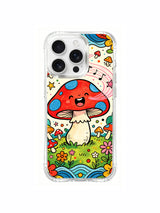 Singing red mushroom framed by daisies artwork on an iPhone 16 Pro Max case