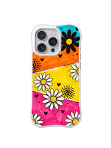 PhoneCasing iPhone 16 pro Case featuring bustling retro carnival vivid multi-hued slanted textured marker block backdrop layered thick black marker daisy silhouettes and solid mini black heart dots from Ruby Daze Daisy Love Carnival, wavy white frame premium art casing for iPhone 16 pro.