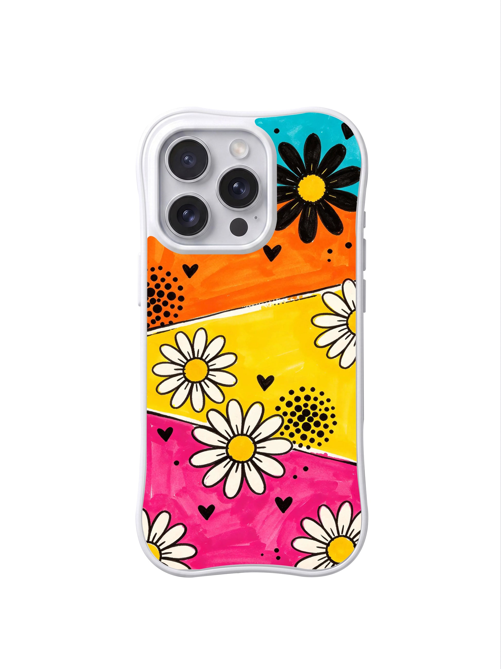 PhoneCasing iPhone 16 pro Case featuring bustling retro carnival vivid multi-hued slanted textured marker block backdrop layered thick black marker daisy silhouettes and solid mini black heart dots from Ruby Daze Daisy Love Carnival, wavy white frame premium art casing for iPhone 16 pro.