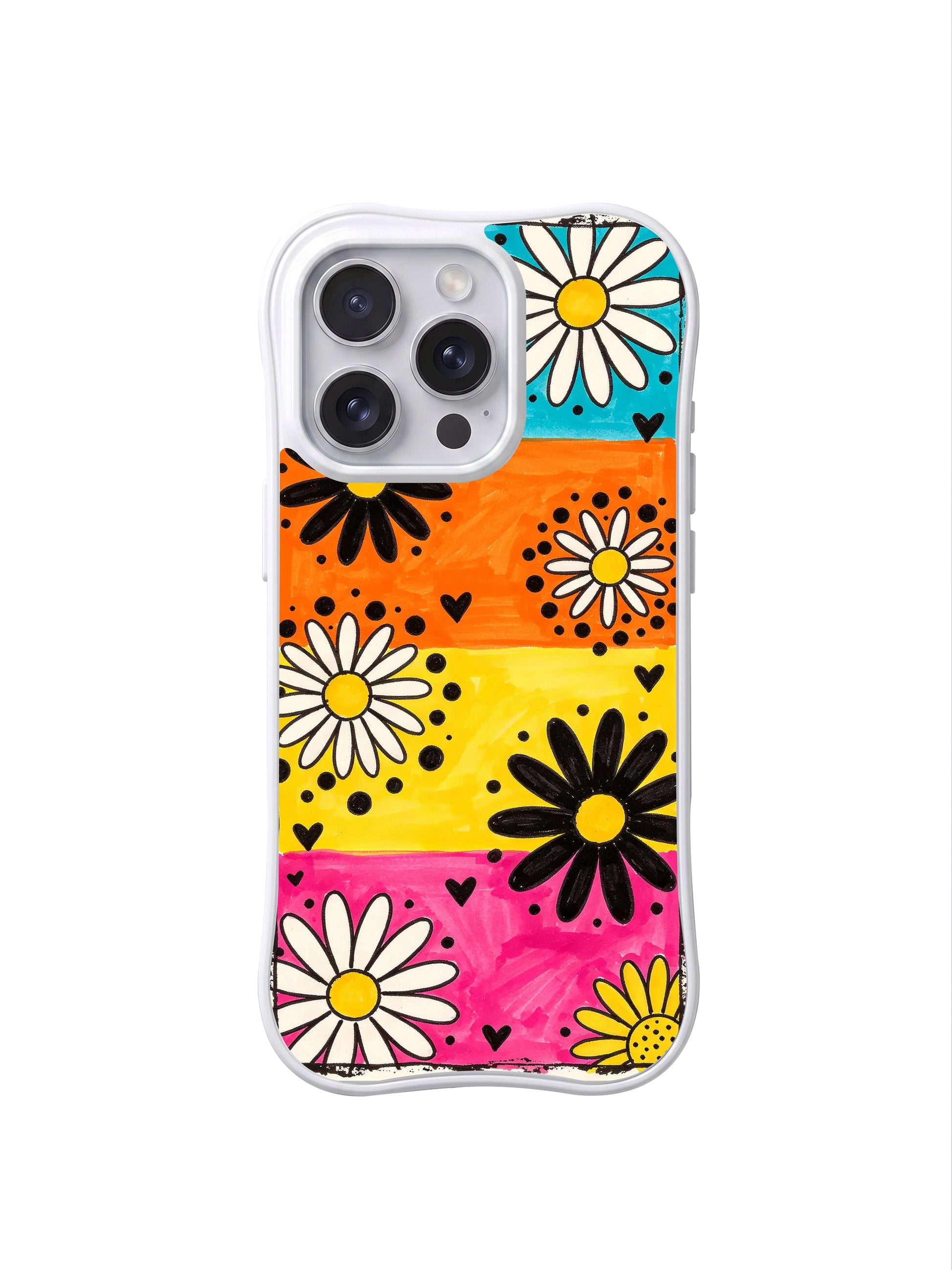 PhoneCasing iPhone 16 pro Case with organic textured marker wash slanted cyan/orange/yellow/hot pink color blocks crossing the canvas, paired with thick hand-drawn bold black daisies and tiny solid heart accents, Ruby Daze street carnival illustration, tough premium phone casing.