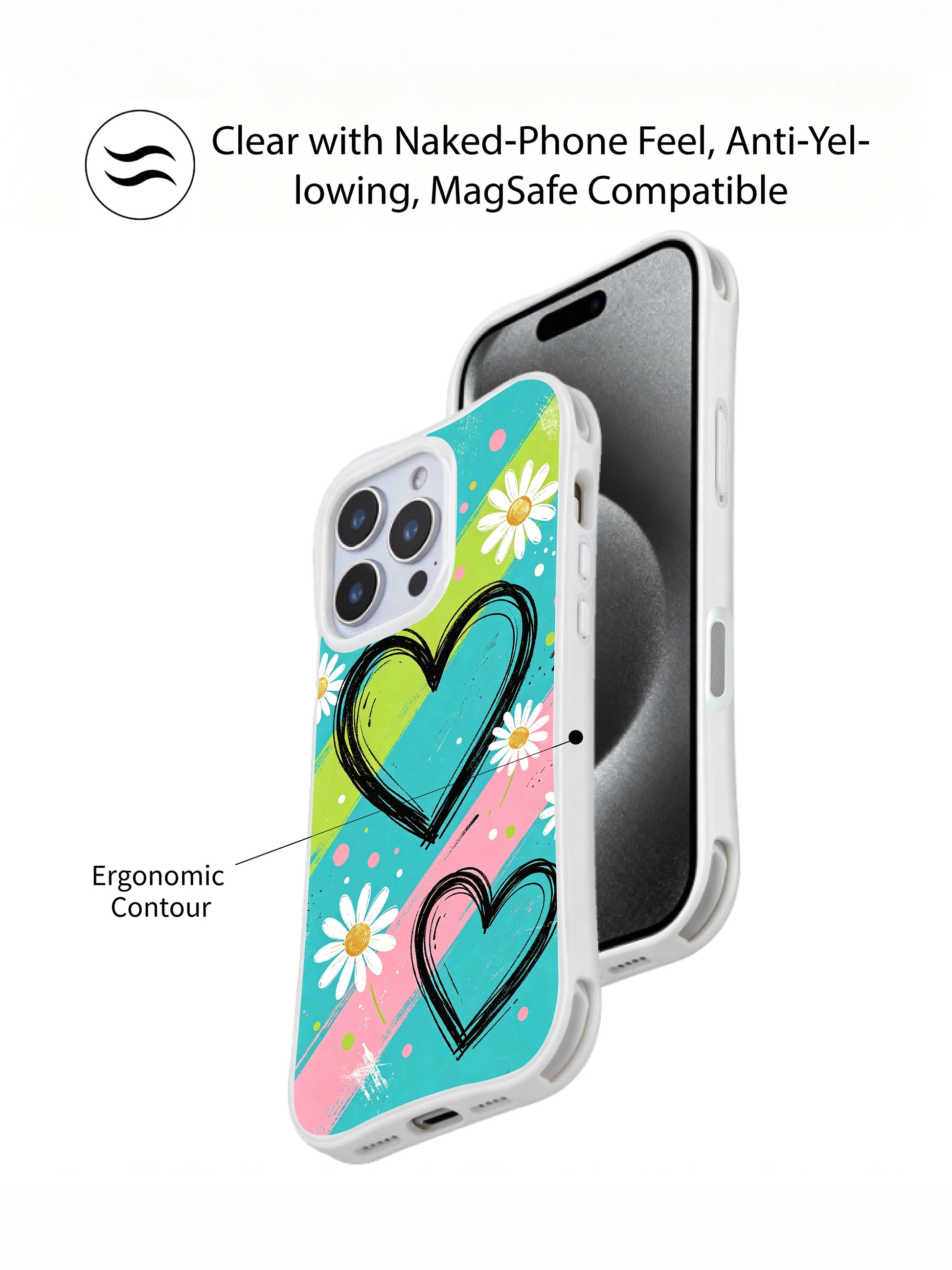 PhoneCasing iPhone 16 pro Case showcasing Red Stripe Daisy Signal wavy frame punk journal floral artwork from Ruby Daze’s Daisy Love Riot series, durable shockproof art casing for iPhone 16 pro.