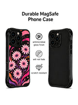 PhoneCasing iPhone 16 pro Case displaying Soft Pink Flower Signal tender bold dark retro fluid floral graphic from Ruby Daze Daisy Love Riot series, durable shockproof art casing for iPhone 16 pro.