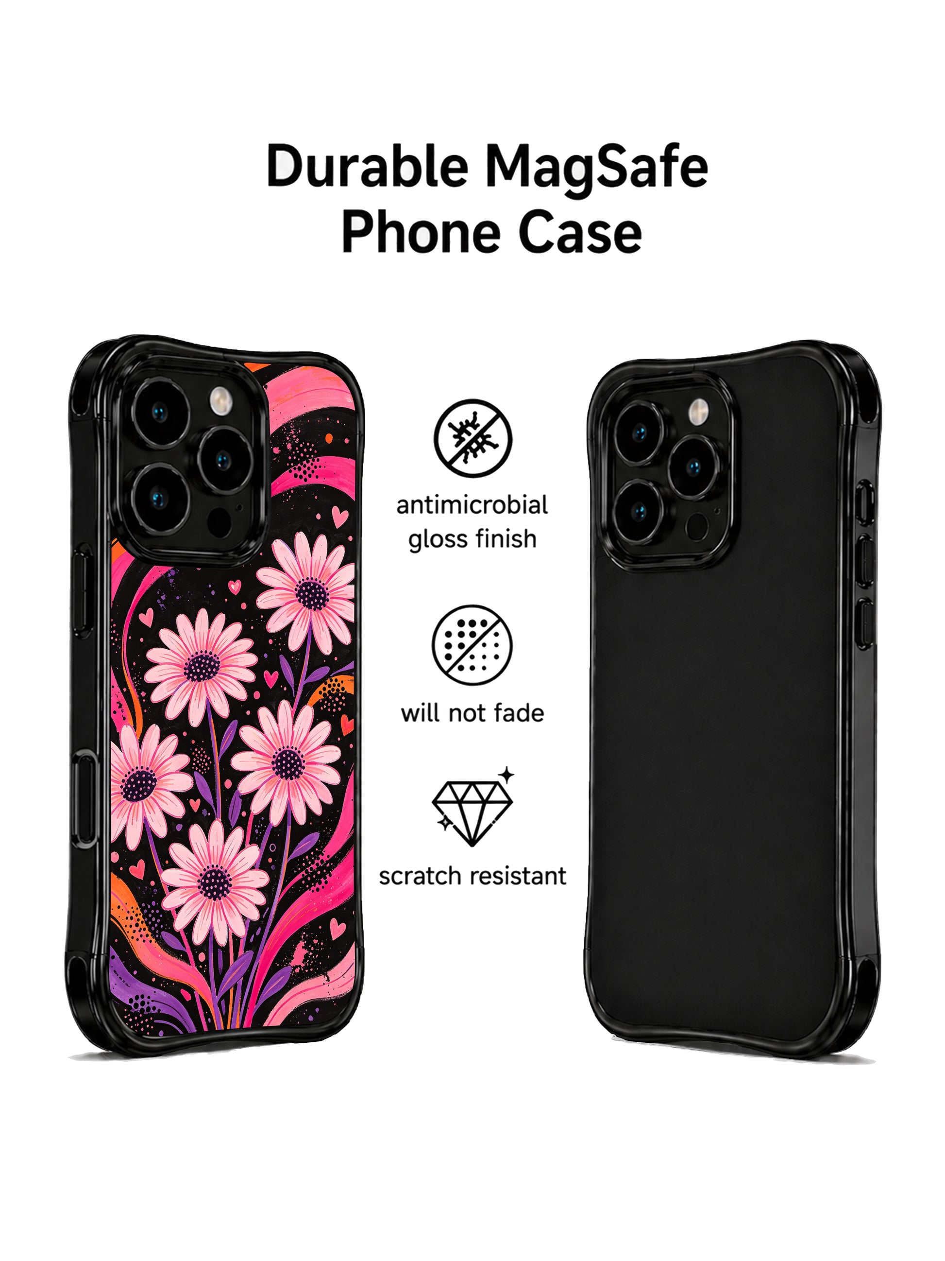 PhoneCasing iPhone 16 pro Case displaying Soft Pink Flower Signal tender bold dark retro fluid floral graphic from Ruby Daze Daisy Love Riot series, durable shockproof art casing for iPhone 16 pro.