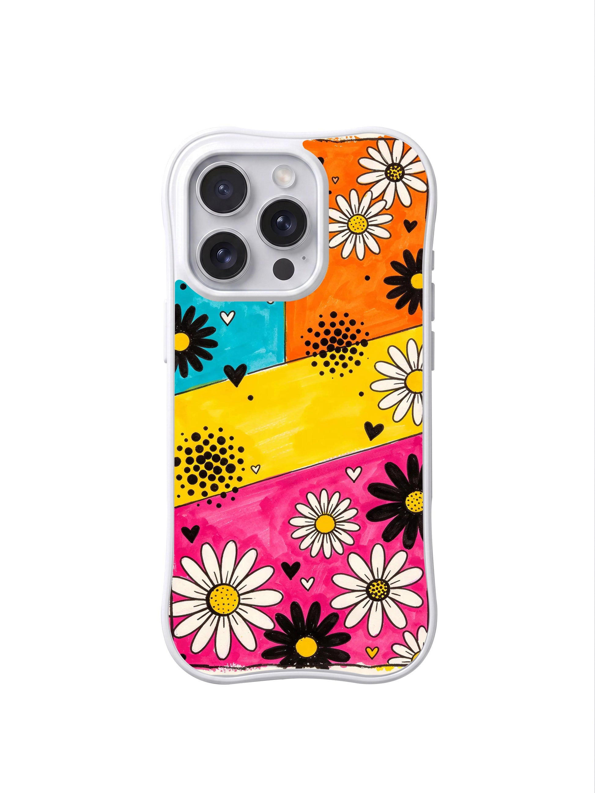 PhoneCasing iPhone 16 pro Case with grouped clustered halftone dot speckles and uneven textured marker wash as layered retro street carnival graphic texture details, exclusive Ruby Daze wearable wavy white frame bold floral sketch art.