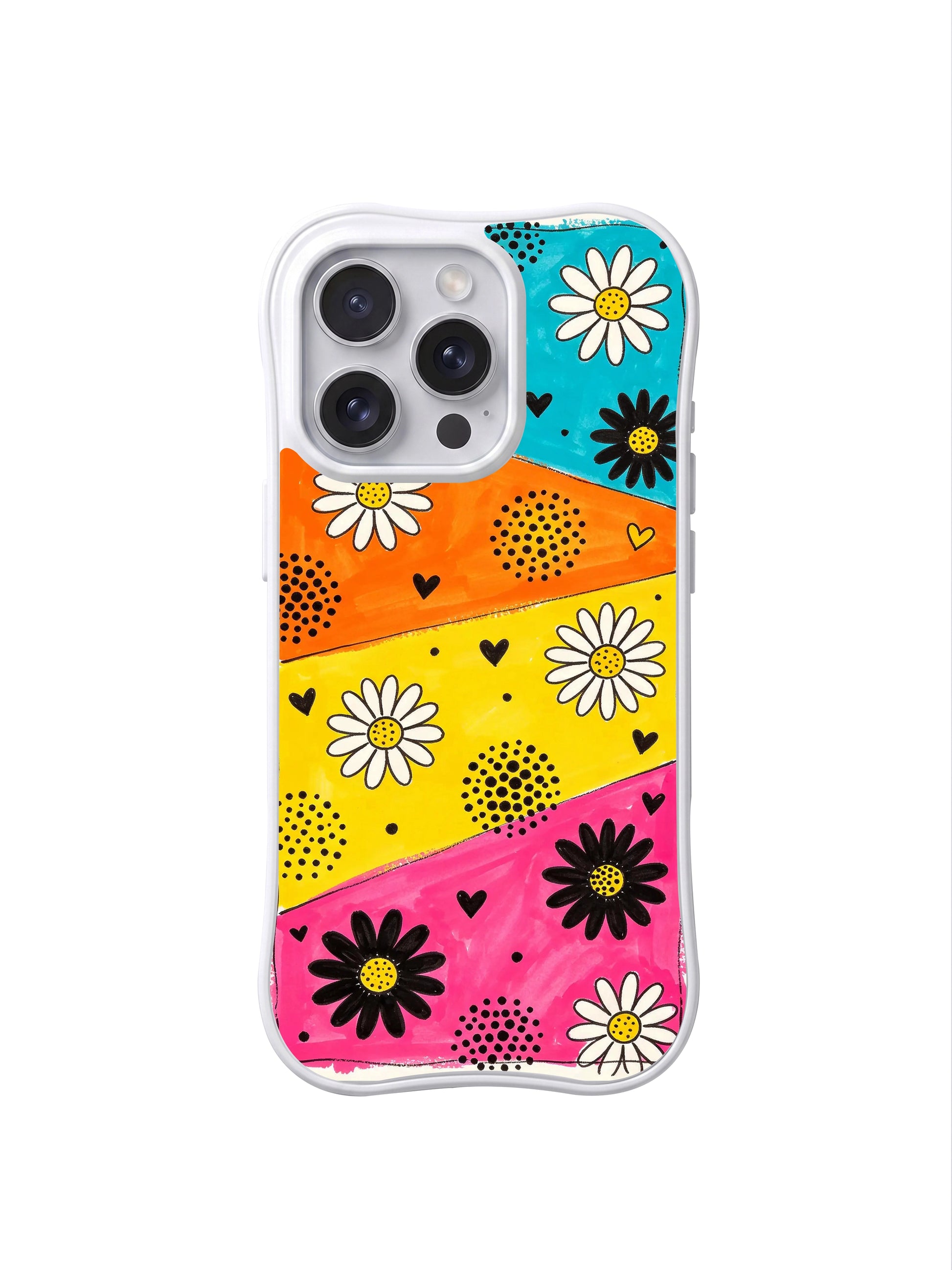 PhoneCasing iPhone 16 pro Case with heavy thick black marker daisy outlines and compact solid mini black heart silhouettes adding sharp graphic weight to saturated carnival diagonal color blocks, Ruby Daze bold expressive pop floral art, scratch resistant wavy casing.