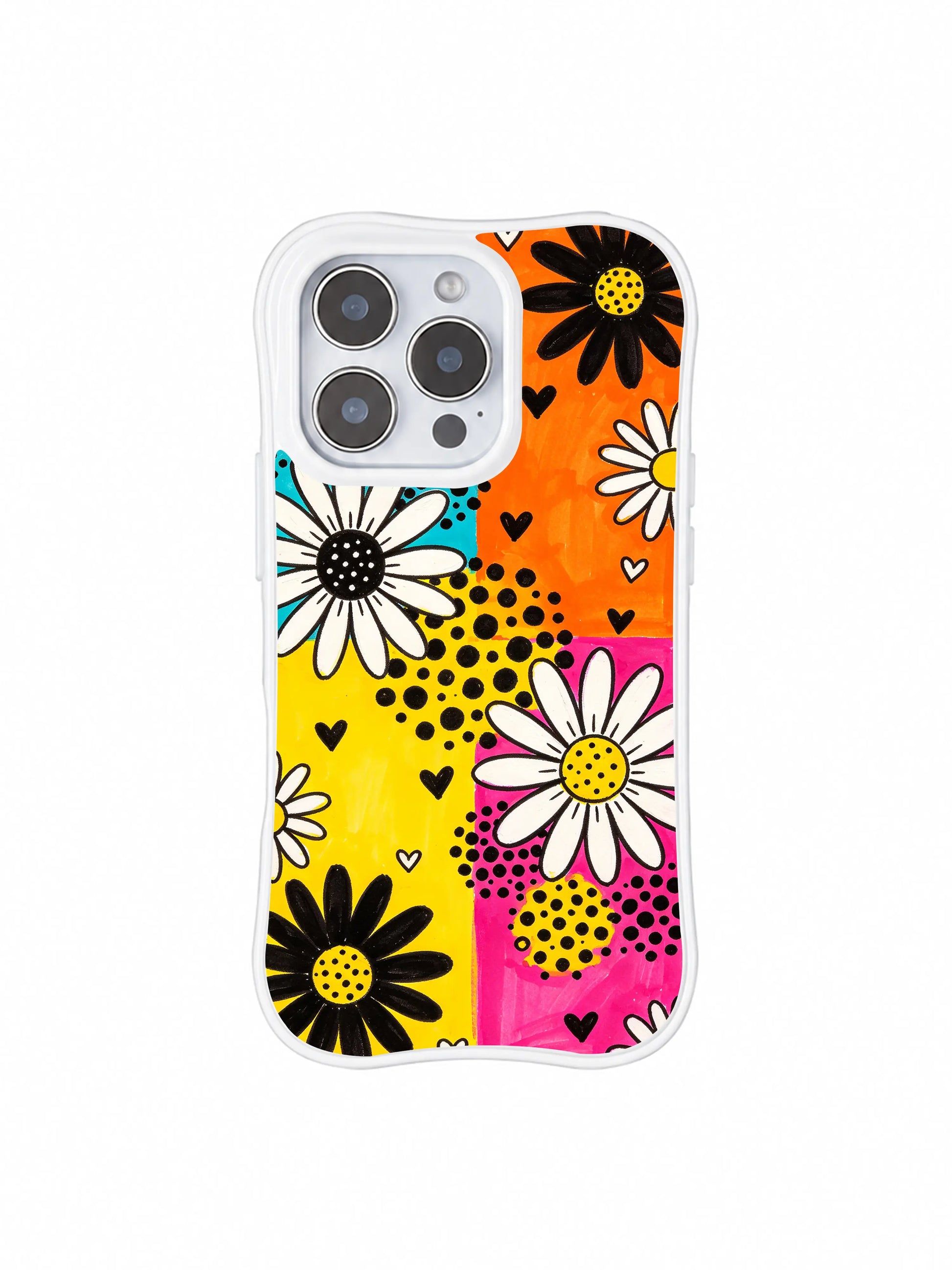PhoneCasing iPhone 16 pro Case with grouped clustered halftone dot speckles and uneven textured marker wash as layered retro street carnival graphic texture details, exclusive Ruby Daze wearable wavy white frame bold floral sketch art.
