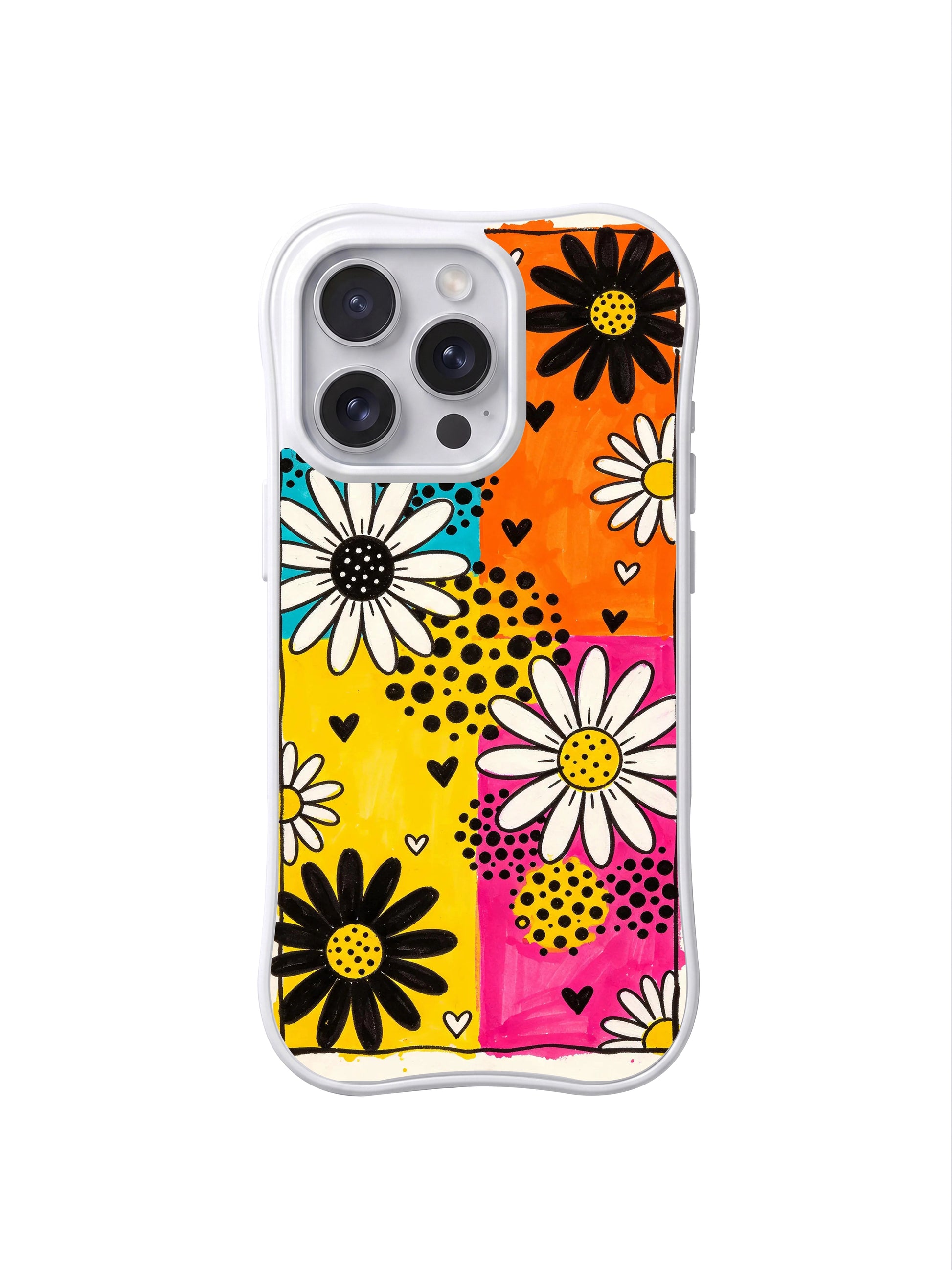 PhoneCasing iPhone 16 pro Case with full-coverage balanced saturated cyan/orange/yellow/pink diagonal marker block drifting bold black daisy heart dot layout delivering loud exuberant carnival mood without childish oversaturation, Ruby Daze free-spirited expressive design, slim lightweight wavy premium case.