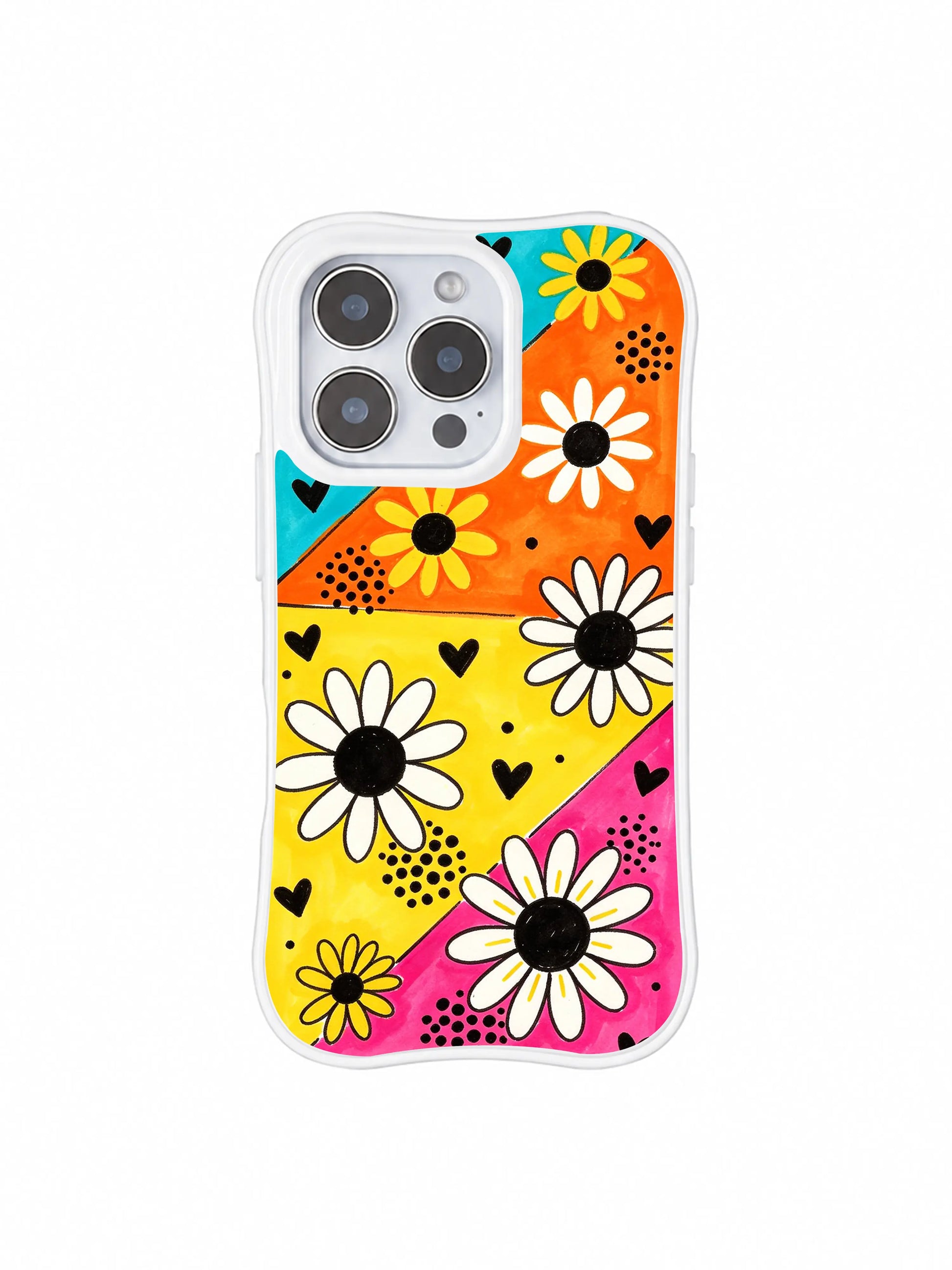 PhoneCasing iPhone 16 pro Case featuring bustling retro carnival vivid multi-hued slanted textured marker block backdrop layered thick black marker daisy silhouettes and solid mini black heart dots from Ruby Daze Daisy Love Carnival, wavy white frame premium art casing for iPhone 16 pro.