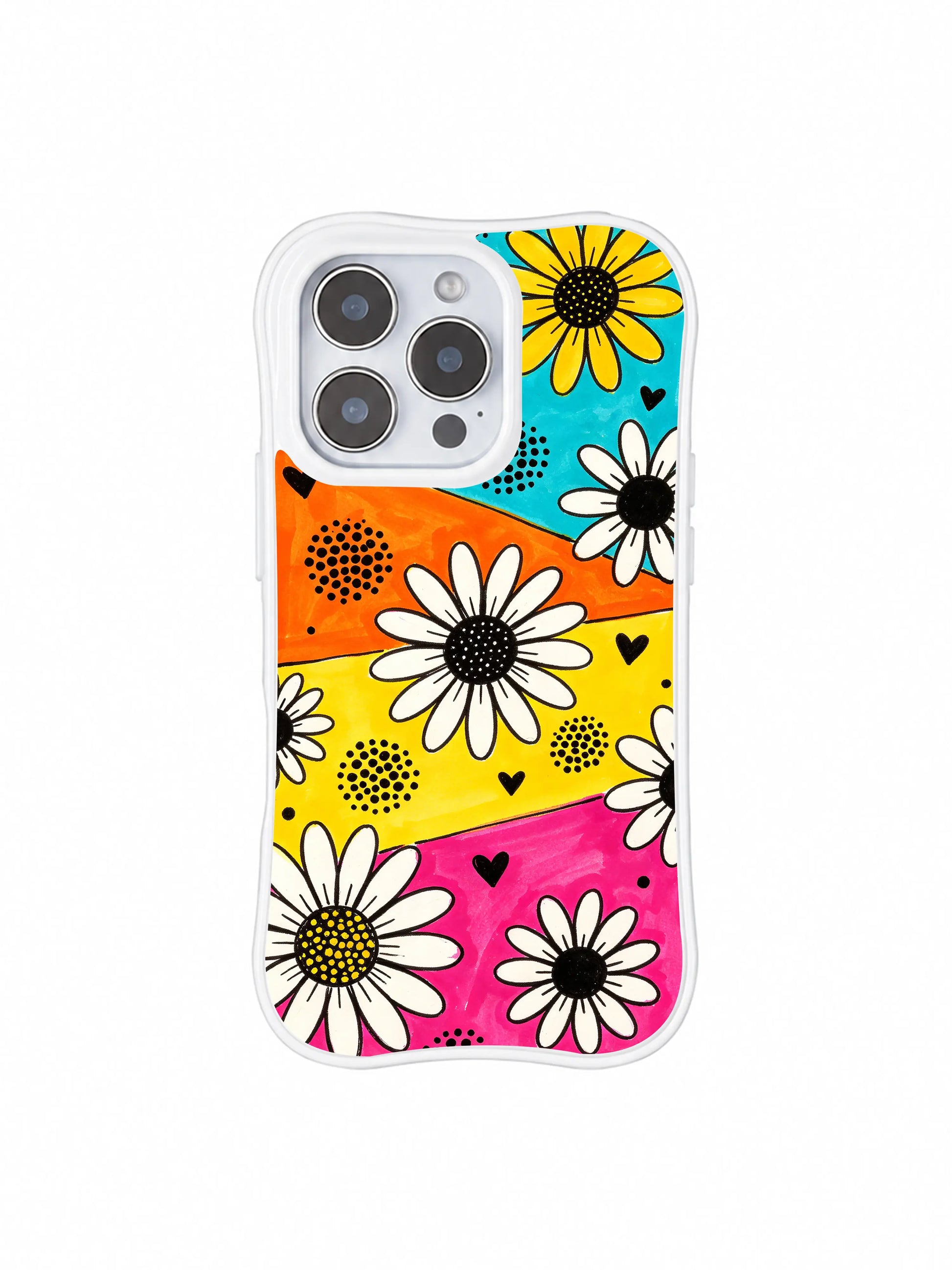 PhoneCasing iPhone 16 pro Case with bustling retro carnival street booth wall poster composition built on textured marker slanted multi-hued color blocks and drifting bold black daisy solid heart dot silhouettes, exclusive Ruby Daze artist collab heavy-duty protective art case.