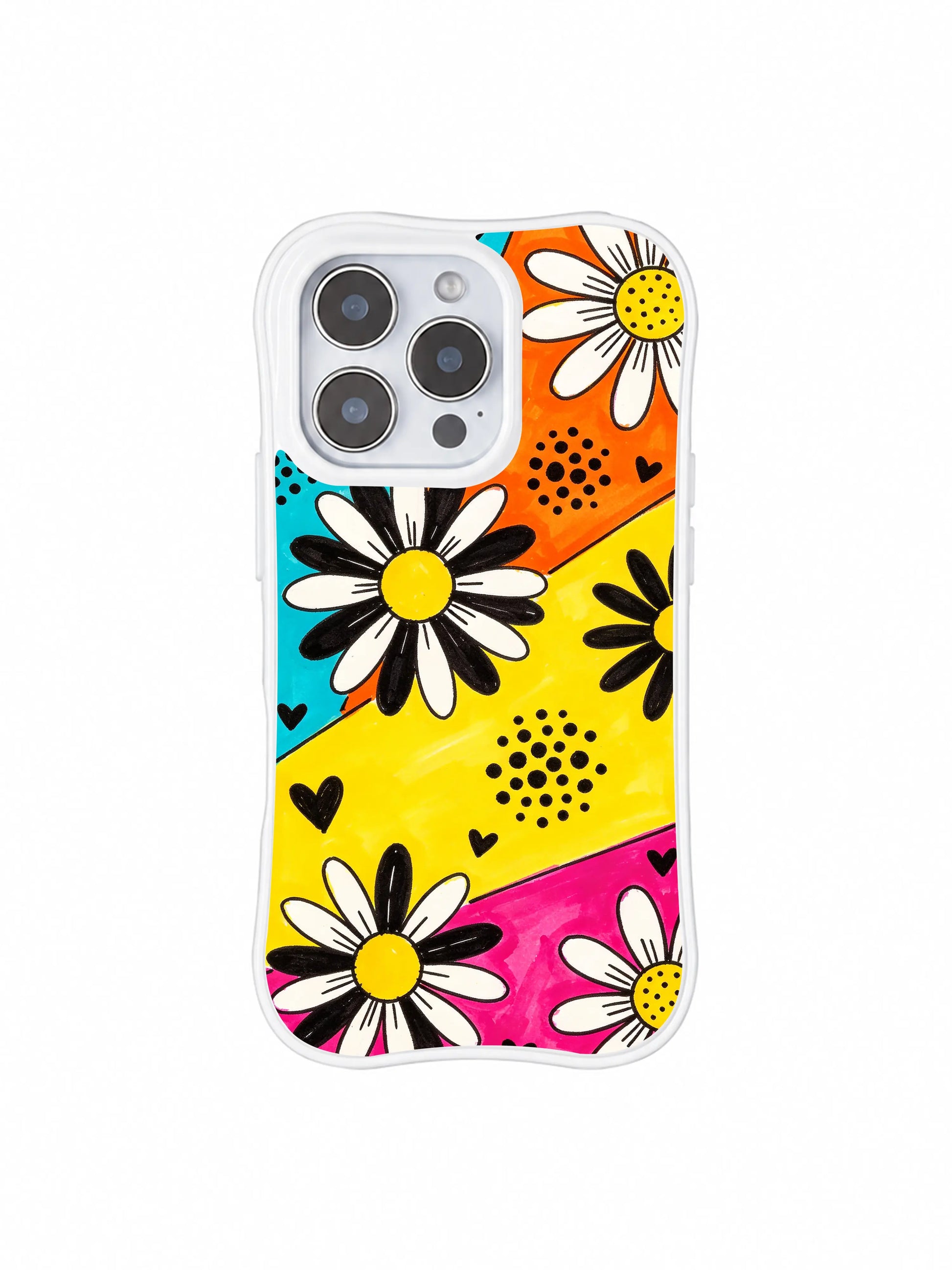 PhoneCasing iPhone 16 pro Case with organic textured marker wash slanted cyan/orange/yellow/hot pink color blocks crossing the canvas, paired with thick hand-drawn bold black daisies and tiny solid heart accents, Ruby Daze street carnival illustration, tough premium phone casing.