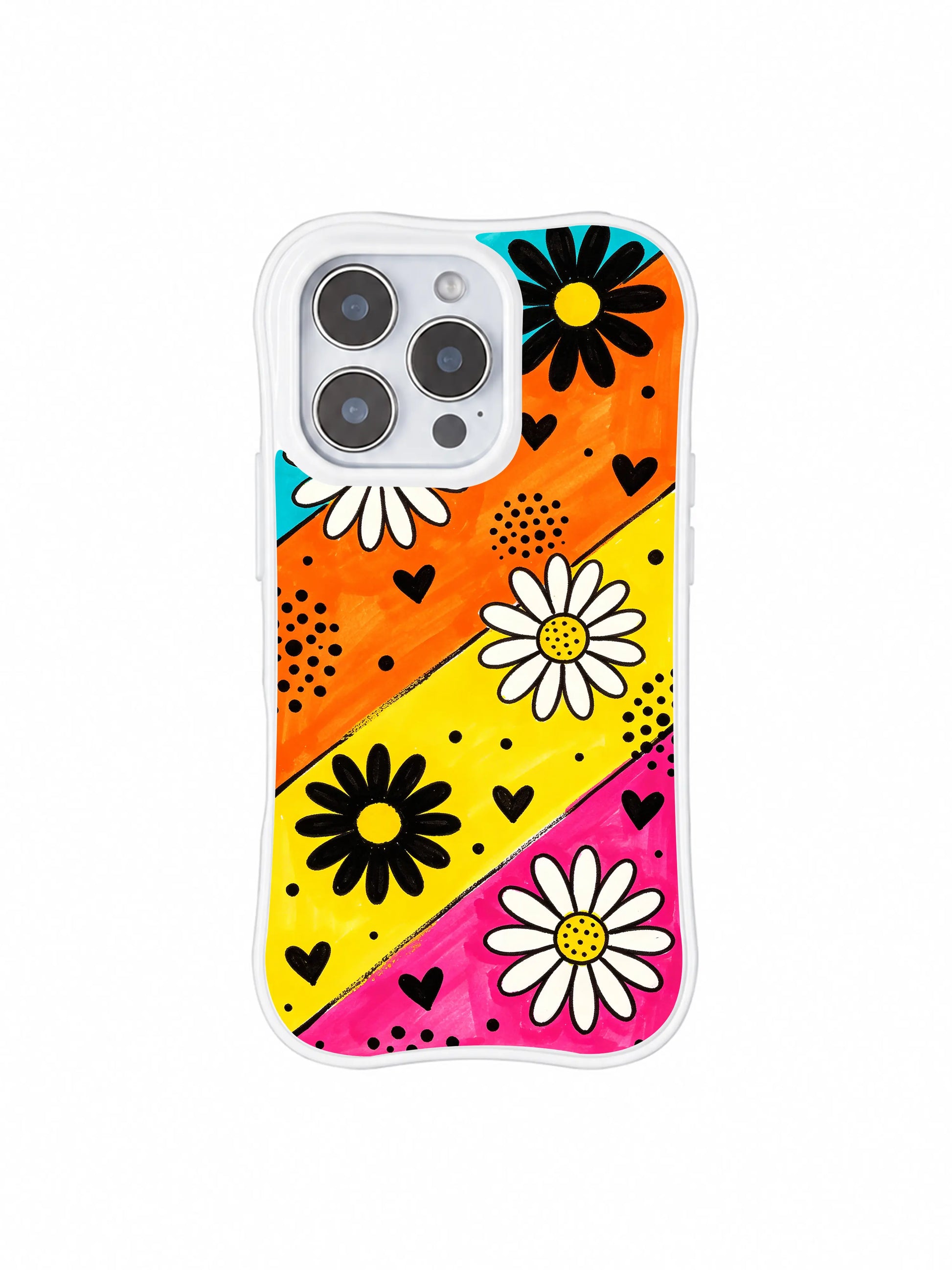 PhoneCasing iPhone 16 pro Case with heavy thick black marker daisy outlines and compact solid mini black heart silhouettes adding sharp graphic weight to saturated carnival diagonal color blocks, Ruby Daze bold expressive pop floral art, scratch resistant wavy casing.
