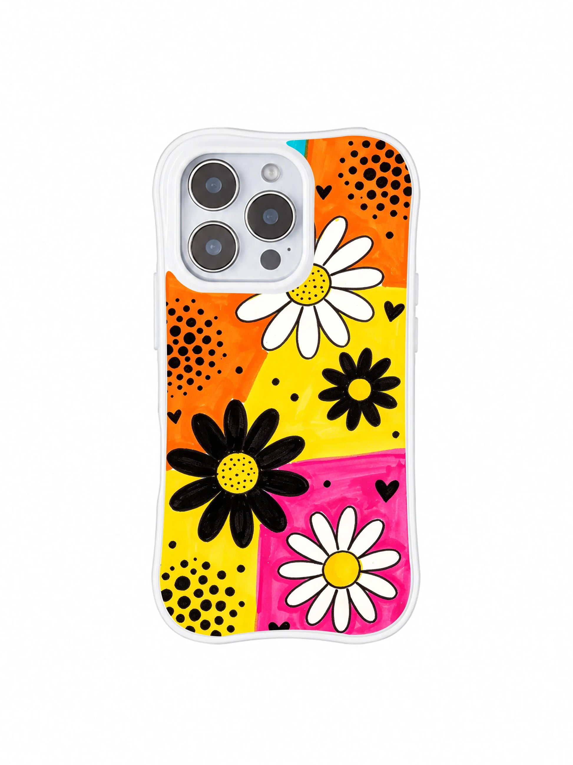PhoneCasing iPhone 16 pro Case with imperfect organic thick rough marker hand-drawn outlines for bold carnival daisy petals adding gritty street-art counterbalance to saturated bright candy color block liveliness, Ruby Daze handmade retro festival pop art, gallery grade wavy print casing.