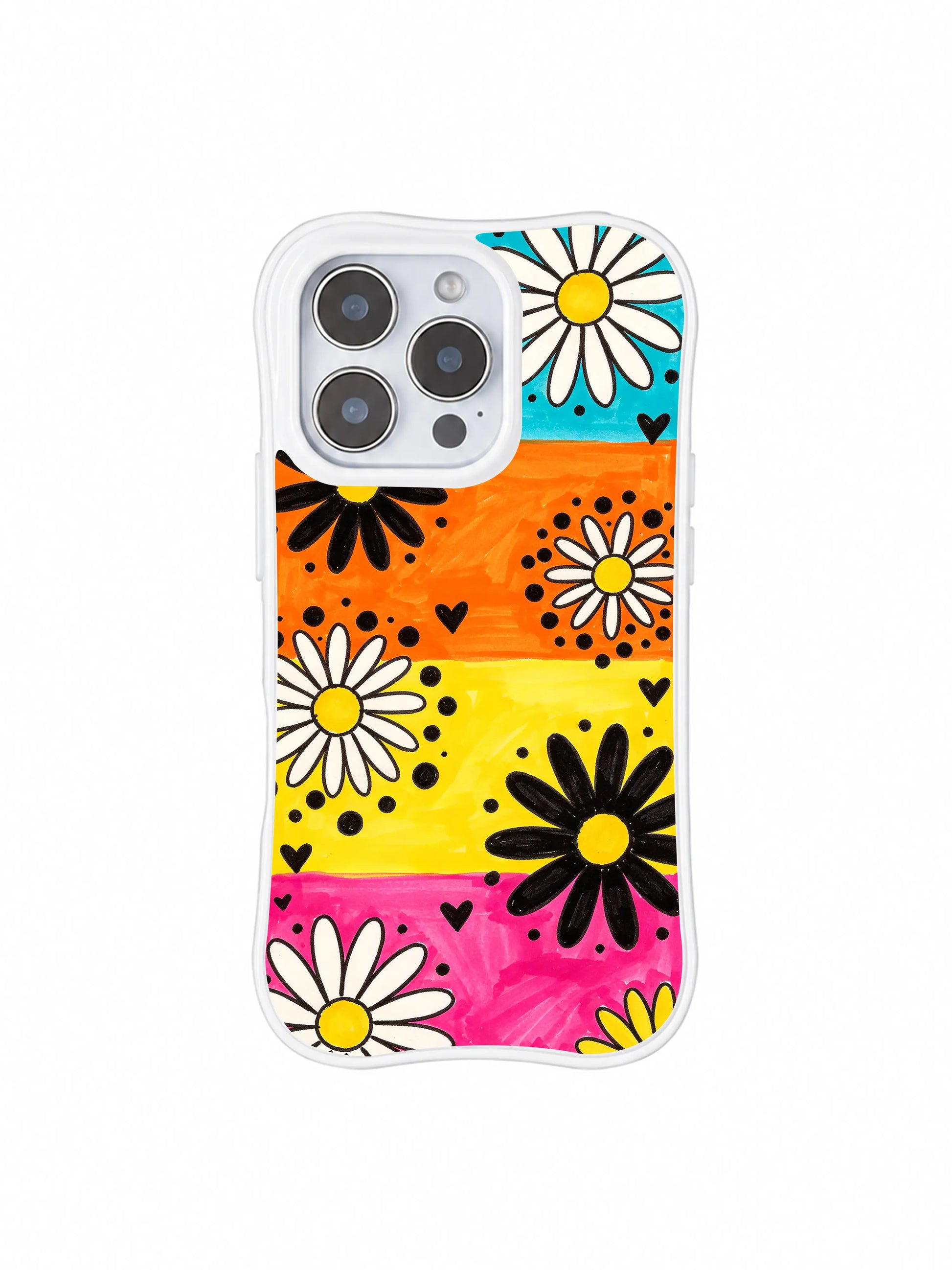 PhoneCasing iPhone 16 pro Case with scattered compact solid mini black heart silhouettes tucked between slanted saturated cyan/orange/yellow/hot pink marker blocks and drifting bold black daisy blooms, playful expressive Ruby Daze Daisy Love Carnival street floral design, stylish women’s phone casing.