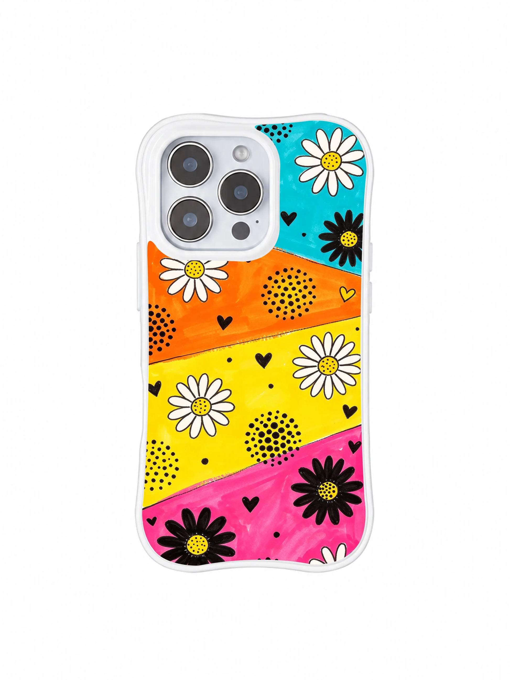 PhoneCasing iPhone 16 pro Case themed on overflowing passionate joy, totally unconfined carefree emotion and fearlessly vivid high-spirited individuality with slanted multi-color block bold daisy heart dot graphics, Ruby Daze Daisy Love Riot printed wavy art casing.
