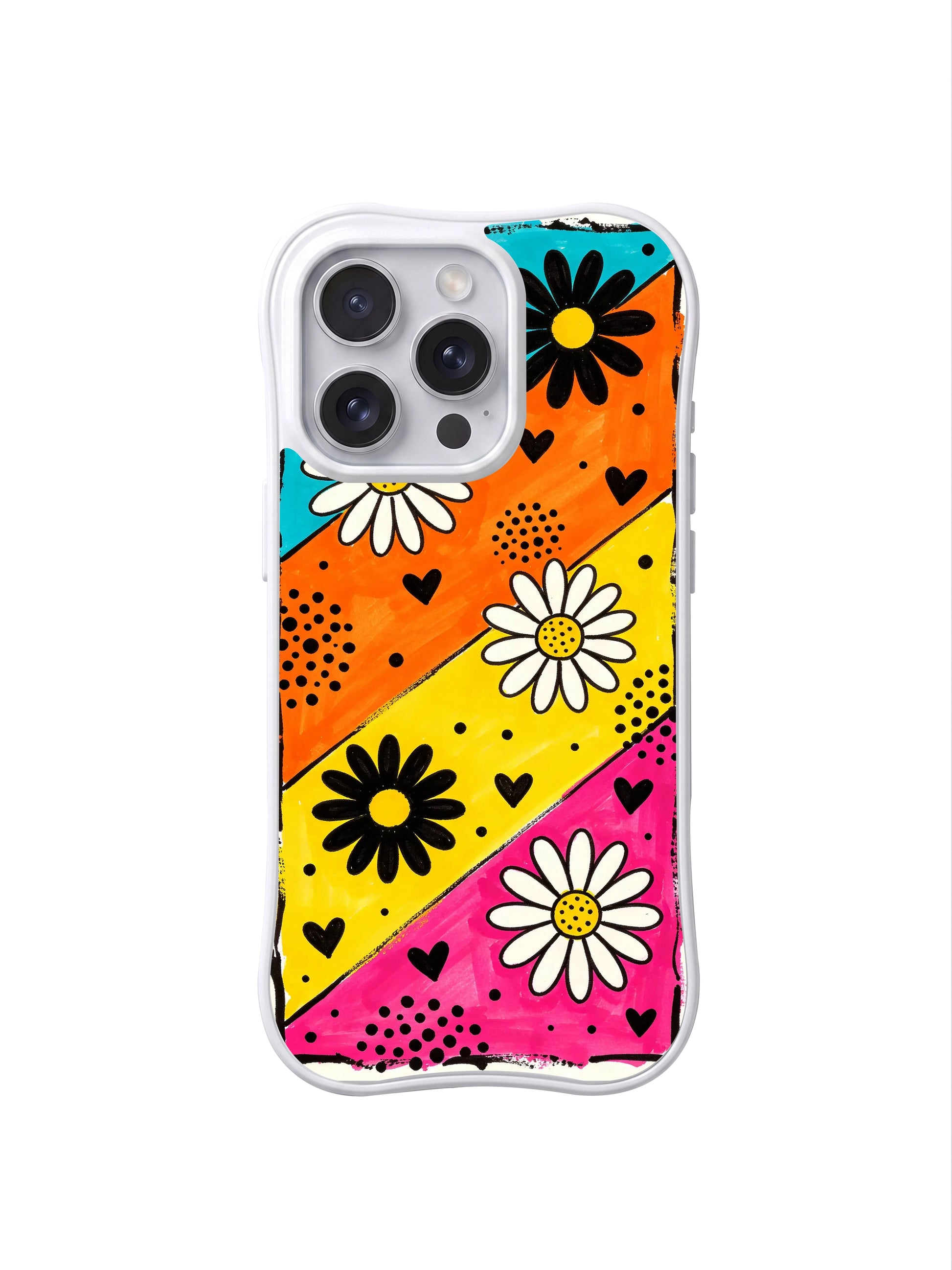 PhoneCasing iPhone 16 pro Case themed on overflowing passionate joy, totally unconfined carefree emotion and fearlessly vivid high-spirited individuality with slanted multi-color block bold daisy heart dot graphics, Ruby Daze Daisy Love Riot printed wavy art casing.