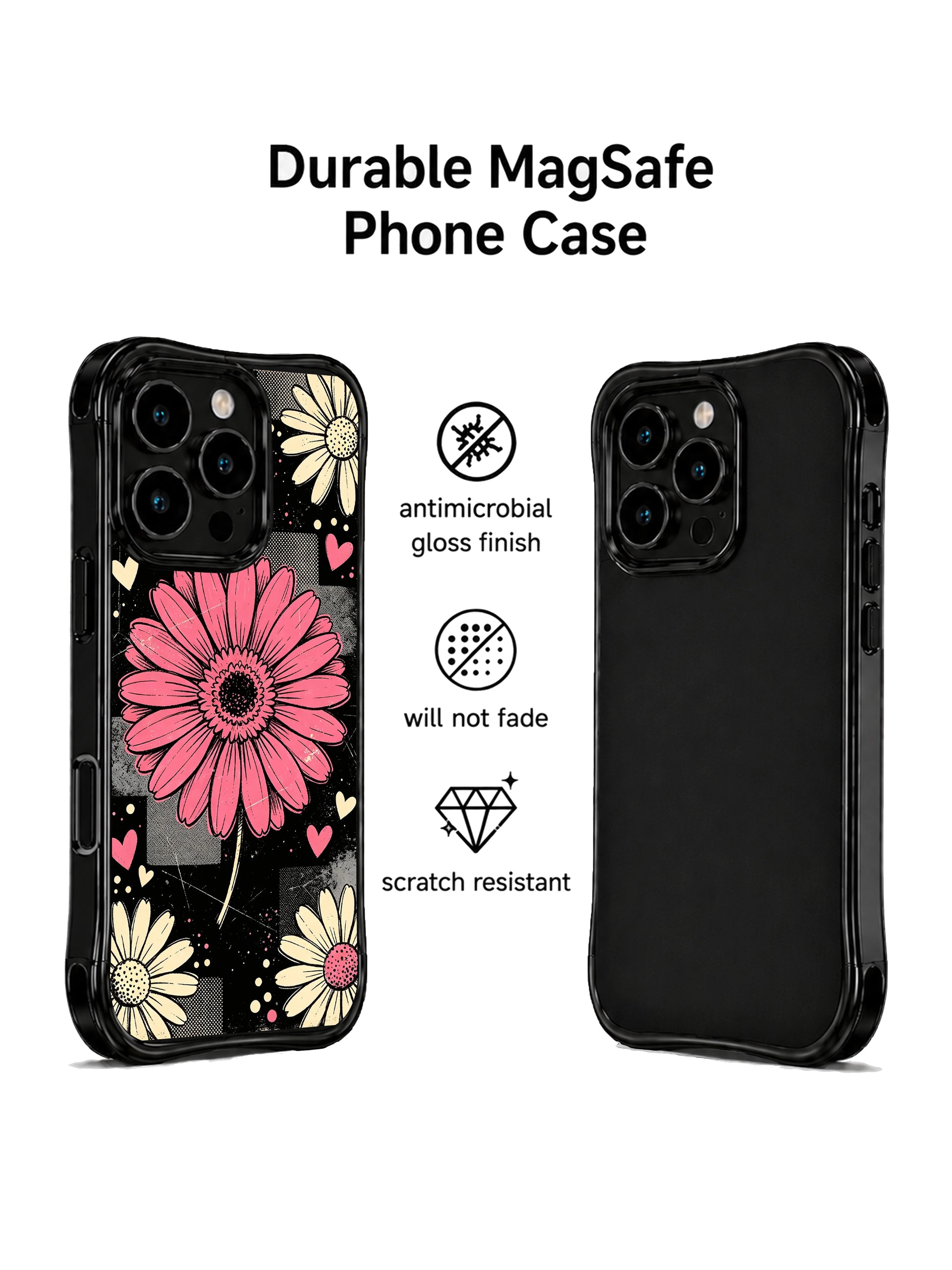 PhoneCasing iPhone 16 pro Case displaying Raspberry Daisy Collage vintage collage spotlight floral graphic from Ruby Daze Daisy Love Riot series, durable shockproof art casing for iPhone 16 pro.