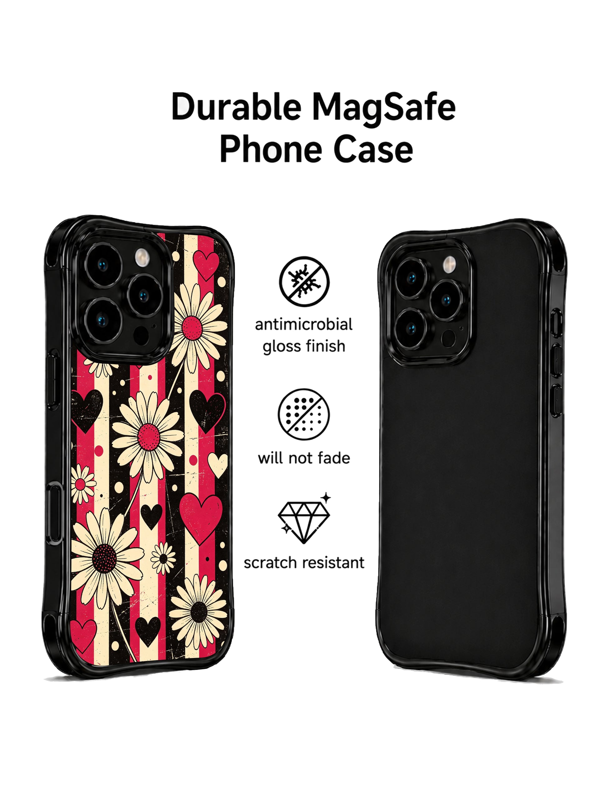 PhoneCasing iPhone 16 pro Case displaying Black Cherry Daisy Beat cool retro rock grunge floral graphic from Ruby Daze Daisy Love Riot series, durable shockproof art casing for iPhone 16 pro.