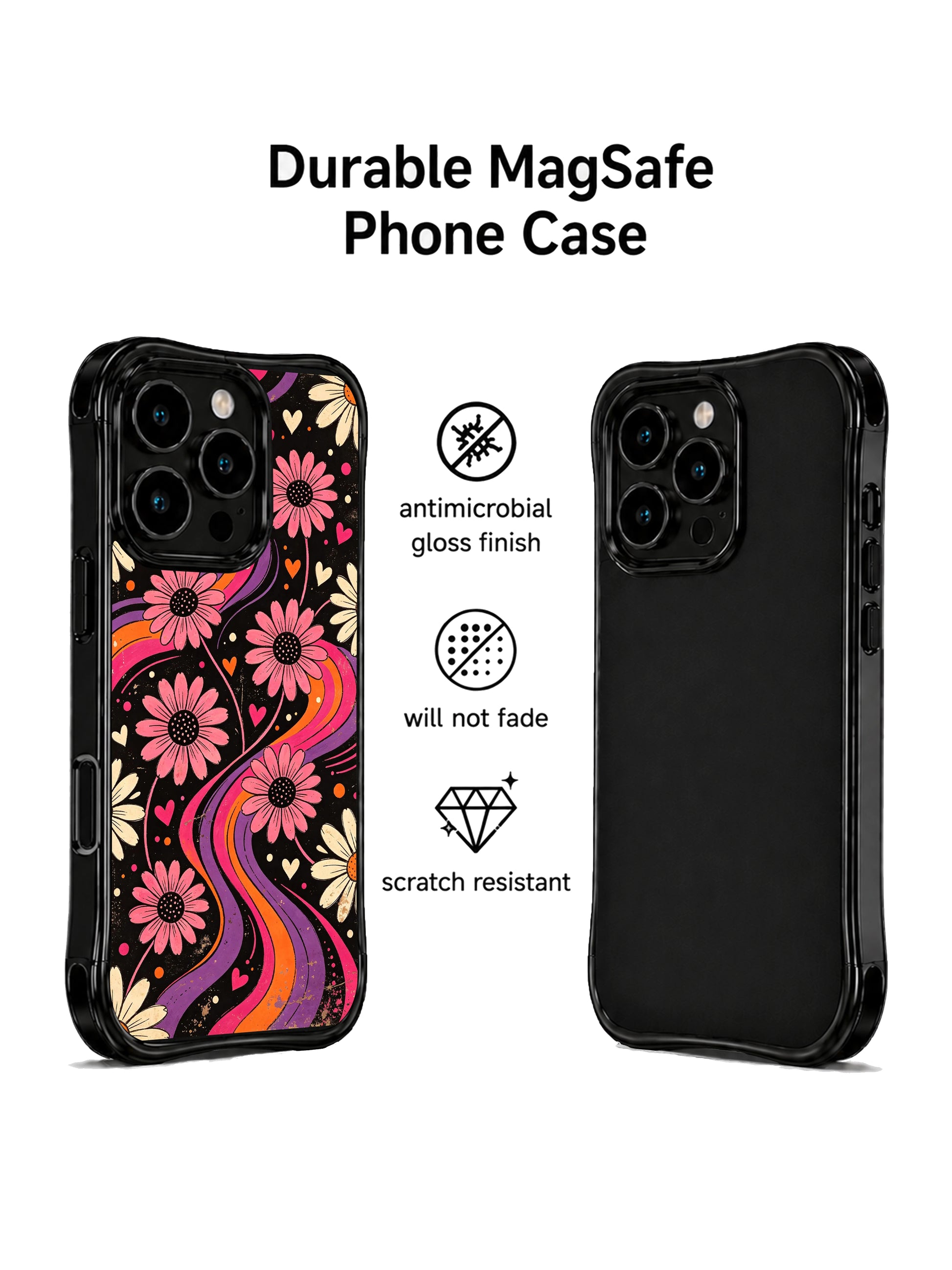 PhoneCasing iPhone 16 pro Case showcasing Tangerine Love Field wavy frame psychedelic floral artwork from Ruby Daze’s Daisy Love Riot series, durable shockproof art casing for iPhone 16 pro.