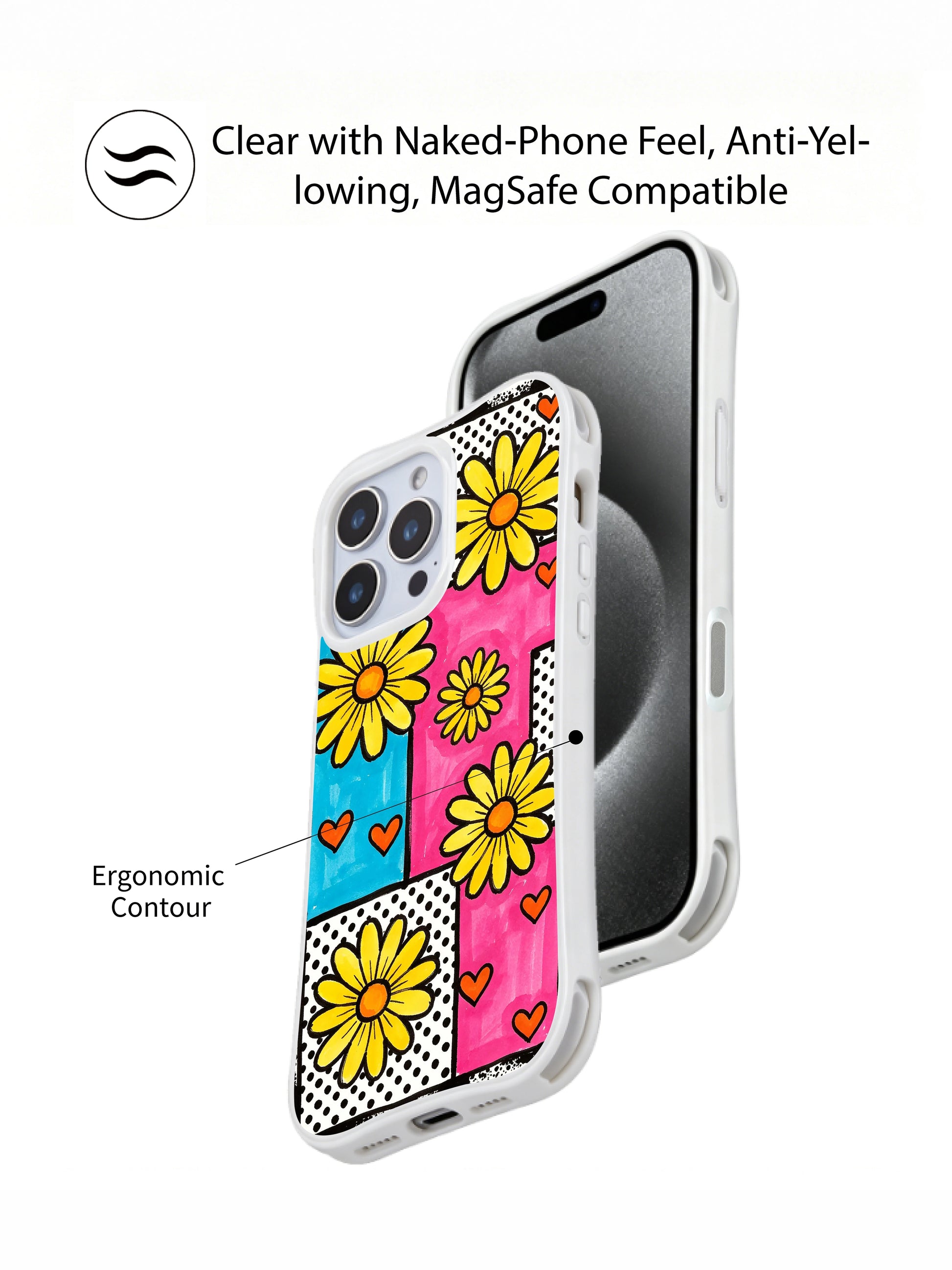 PhoneCasing iPhone 16 pro Case showcasing Lemon Pop Daisy Grid wavy frame retro candy street floral artwork from Ruby Daze’s Daisy Love Riot series, durable shockproof art casing for iPhone 16 pro.