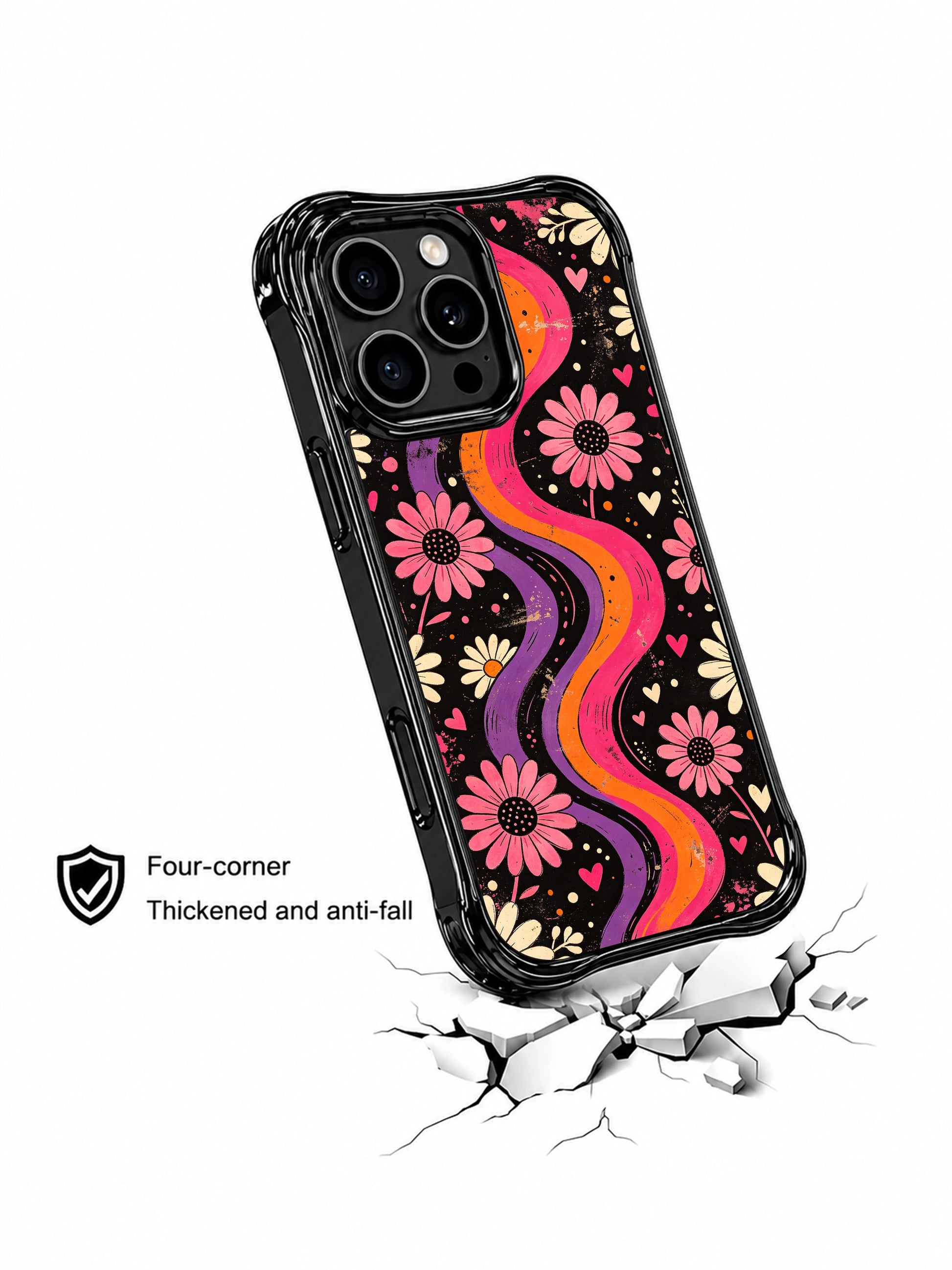 PhoneCasing iPhone 16 pro Case showcasing Tangerine Love Field wavy frame psychedelic floral artwork from Ruby Daze’s Daisy Love Riot series, durable shockproof art casing for iPhone 16 pro.