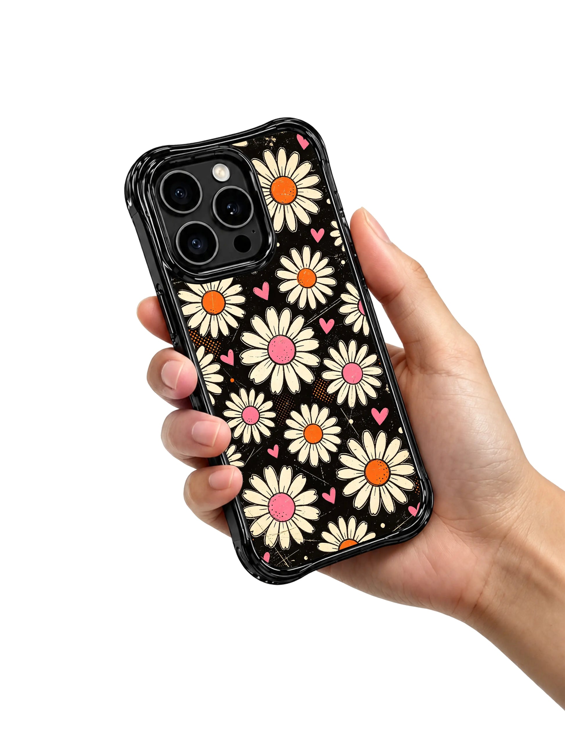 PhoneCasing iPhone 16 pro Case displaying Cream Daisy Love Noise soft retro grain floral graphic from Ruby Daze Daisy Love Riot series, durable shockproof art casing for iPhone 16 pro.