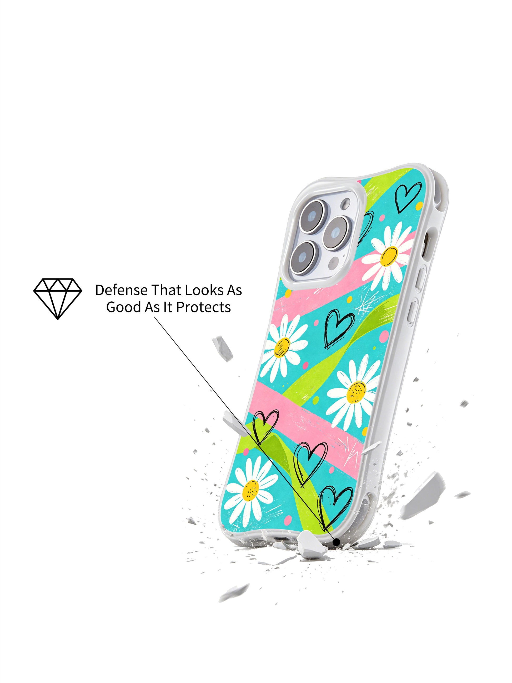 PhoneCasing iPhone 16 pro Case displaying Electric Picnic Flowers light pastel summer street sketch floral graphic from Ruby Daze Daisy Love Riot series, durable shockproof art casing for iPhone 16 pro