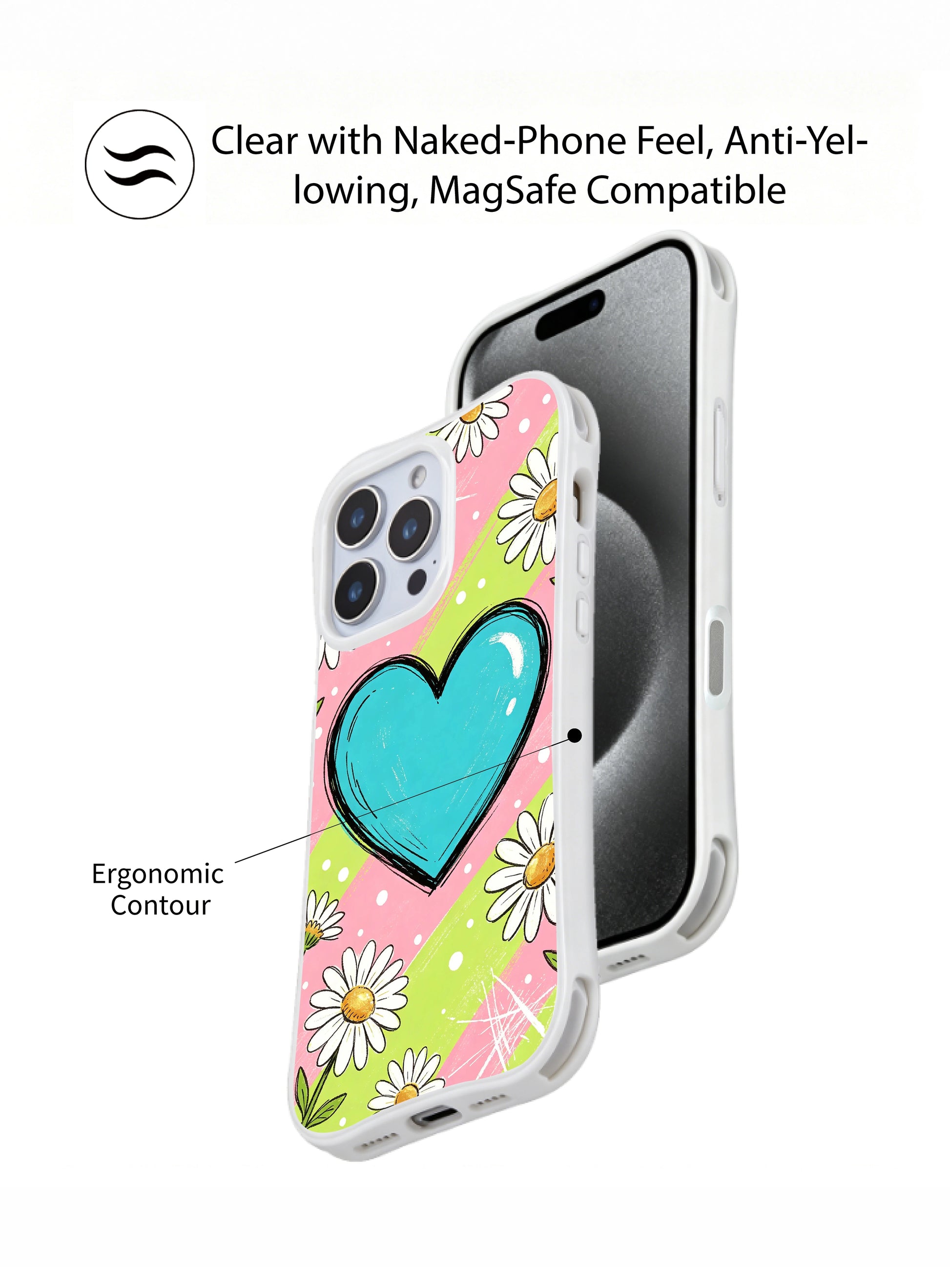 PhoneCasing iPhone 16 pro Case displaying Pastel Daisy Heart Sketch soft cute notebook doodle pastel floral graphic from Ruby Daze Daisy Love Riot series, durable shockproof art casing for iPhone 16 pro.