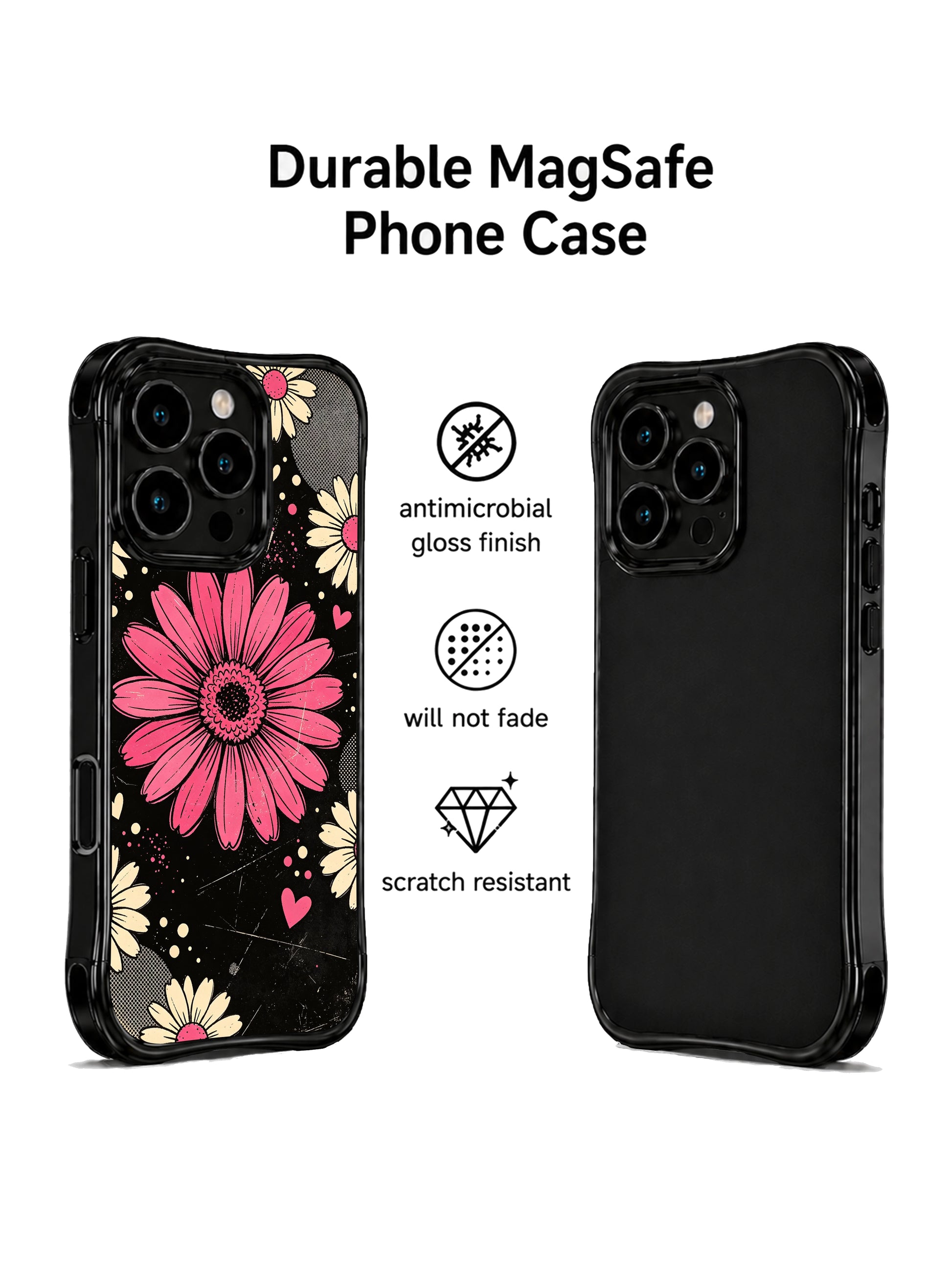 PhoneCasing iPhone 16 pro Case displaying Raspberry Daisy Collage vintage collage spotlight floral graphic from Ruby Daze Daisy Love Riot series, durable shockproof art casing for iPhone 16 pro.