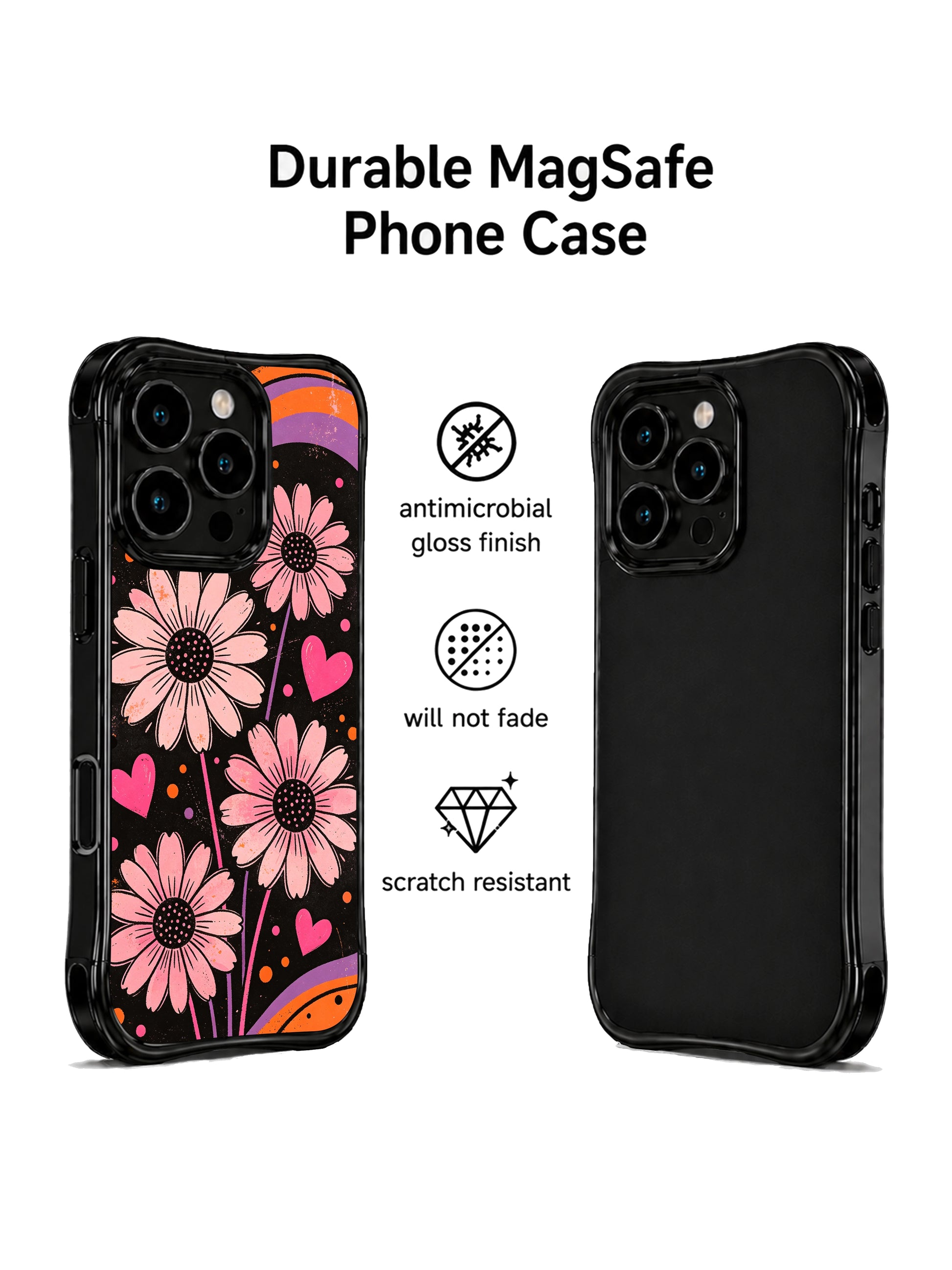 PhoneCasing iPhone 16 pro Case displaying Soft Pink Flower Signal tender bold dark retro fluid floral graphic from Ruby Daze Daisy Love Riot series, durable shockproof art casing for iPhone 16 pro.
