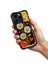 PhoneCasing iPhone 16 pro Case displaying Sunflower Punk Daisies edgy retro punk floral graphic from Ruby Daze Daisy Love Riot series, durable shockproof art casing for iPhone 16 pro.