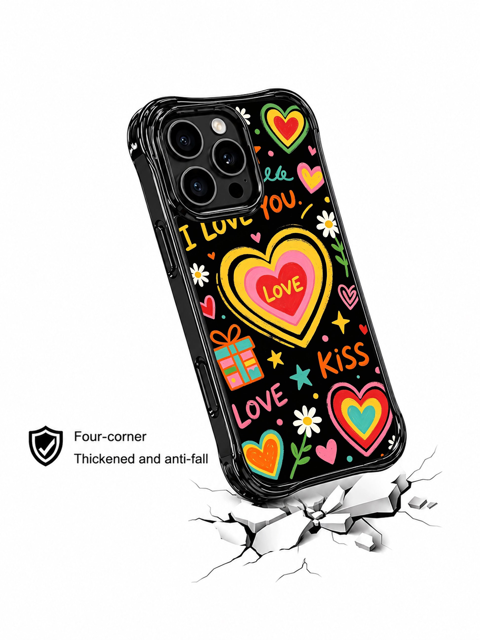 PhoneCasing iPhone 13 Pro Max casing showcasing scattered daisies, colorful star shapes and ribbon gift boxes alongside handwritten LOVE & KISS text, laid-back youthful daily wear phone case.