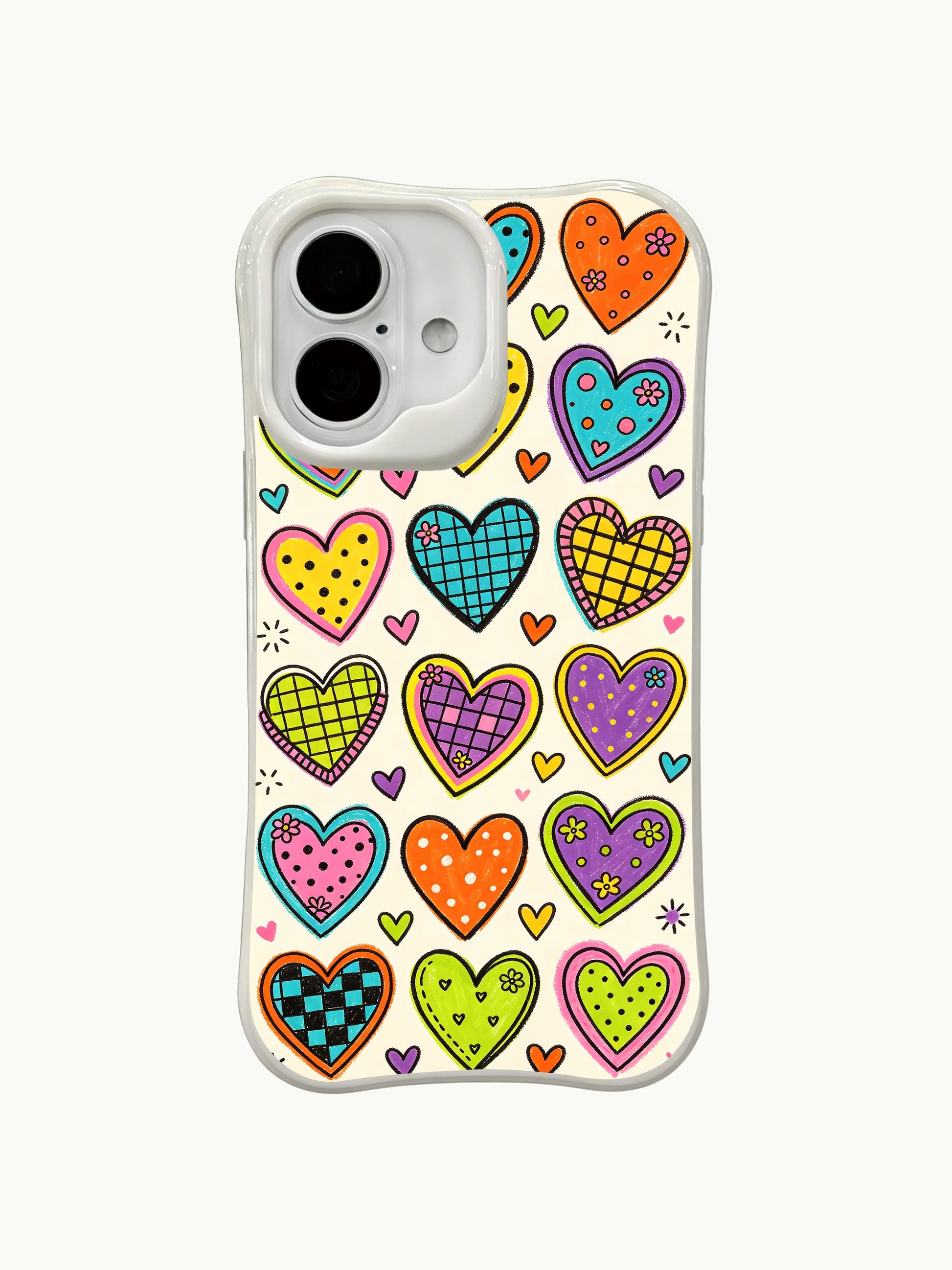 PhoneCasing Daisy Vale original iPhone 16 plus case, exclusive art piece themed around a lively rainbow heart party.
