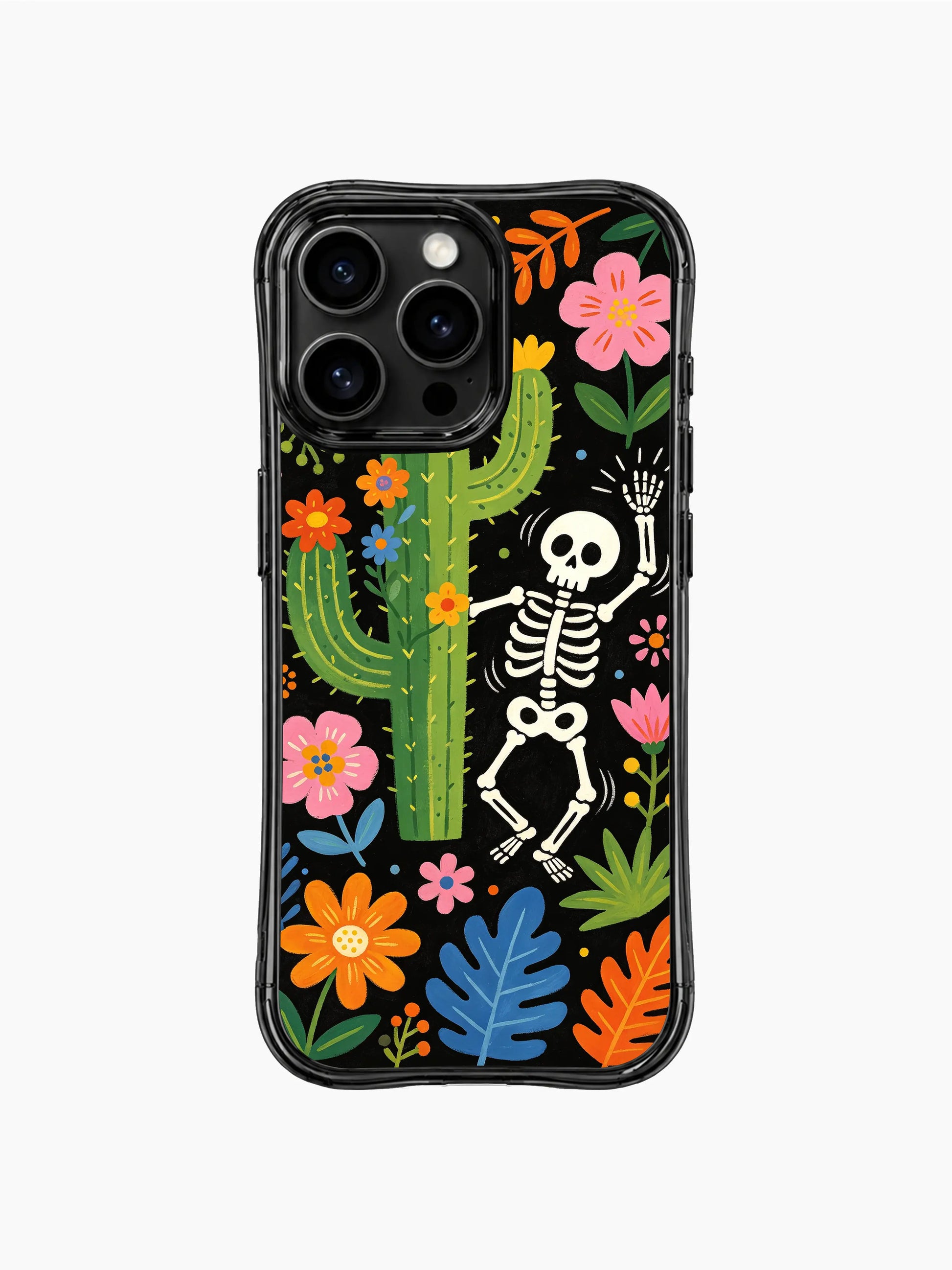 PhoneCasing iPhone 16 pro max Case with a dancing skeleton surrounded by vibrant tropical leaves and desert blooms, folk fantasy design on black base, long-lasting vivid iPhone 16 pro max casing.