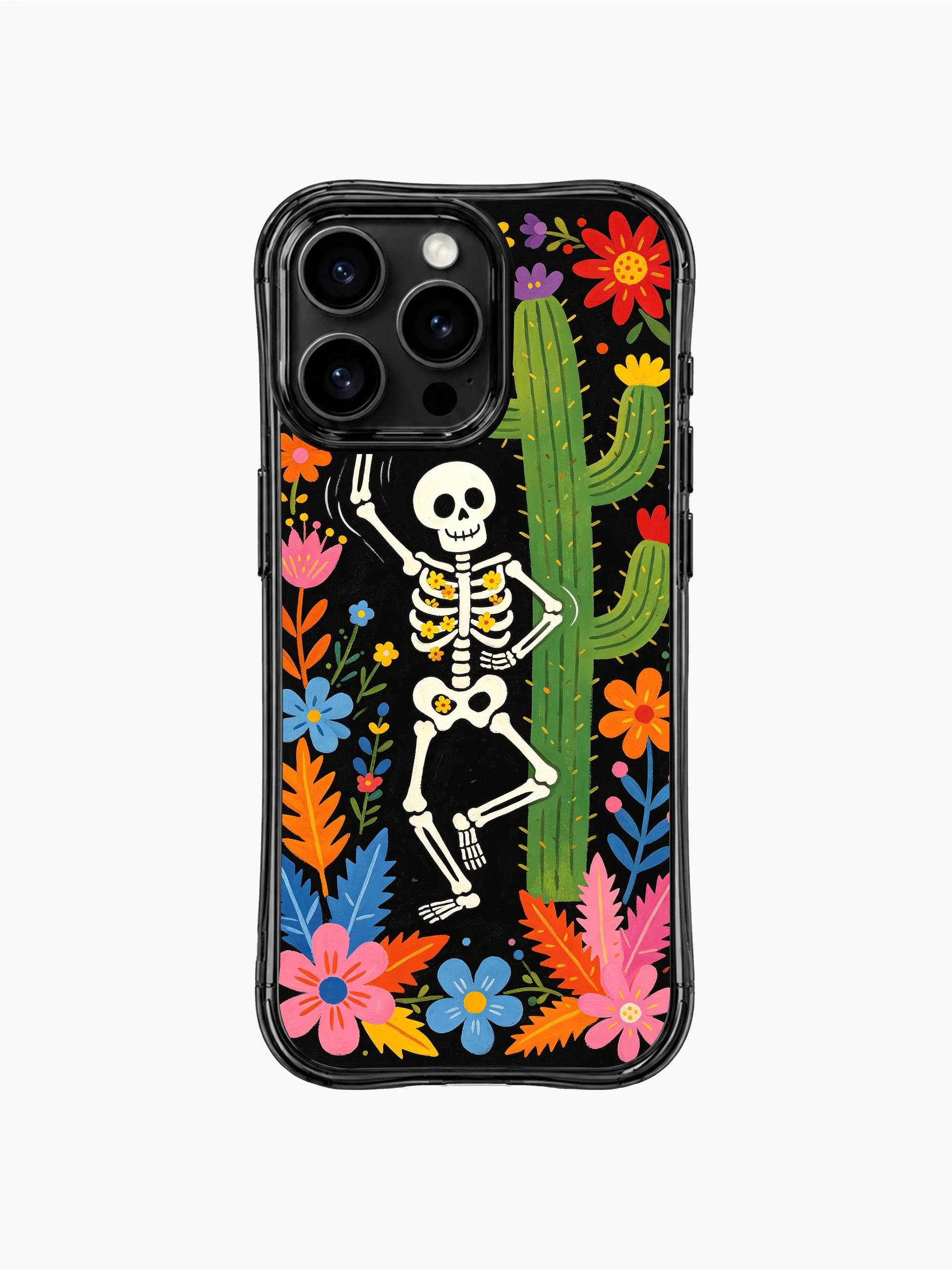 PhoneCasing iPhone 16 pro max Case featuring a dancing skeleton with tropical leaves and colorful flowers around, desert folk fantasy art by Estrella Nocturna, long-lasting vivid iPhone 16 pro max casing.