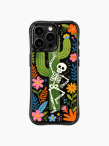 PhoneCasing iPhone 16 pro max Case with a playful dancing skeleton in a flower-filled desert garden, tall cactus and tropical leaves framing the design, folk fantasy art on black iPhone 16 pro max casing.