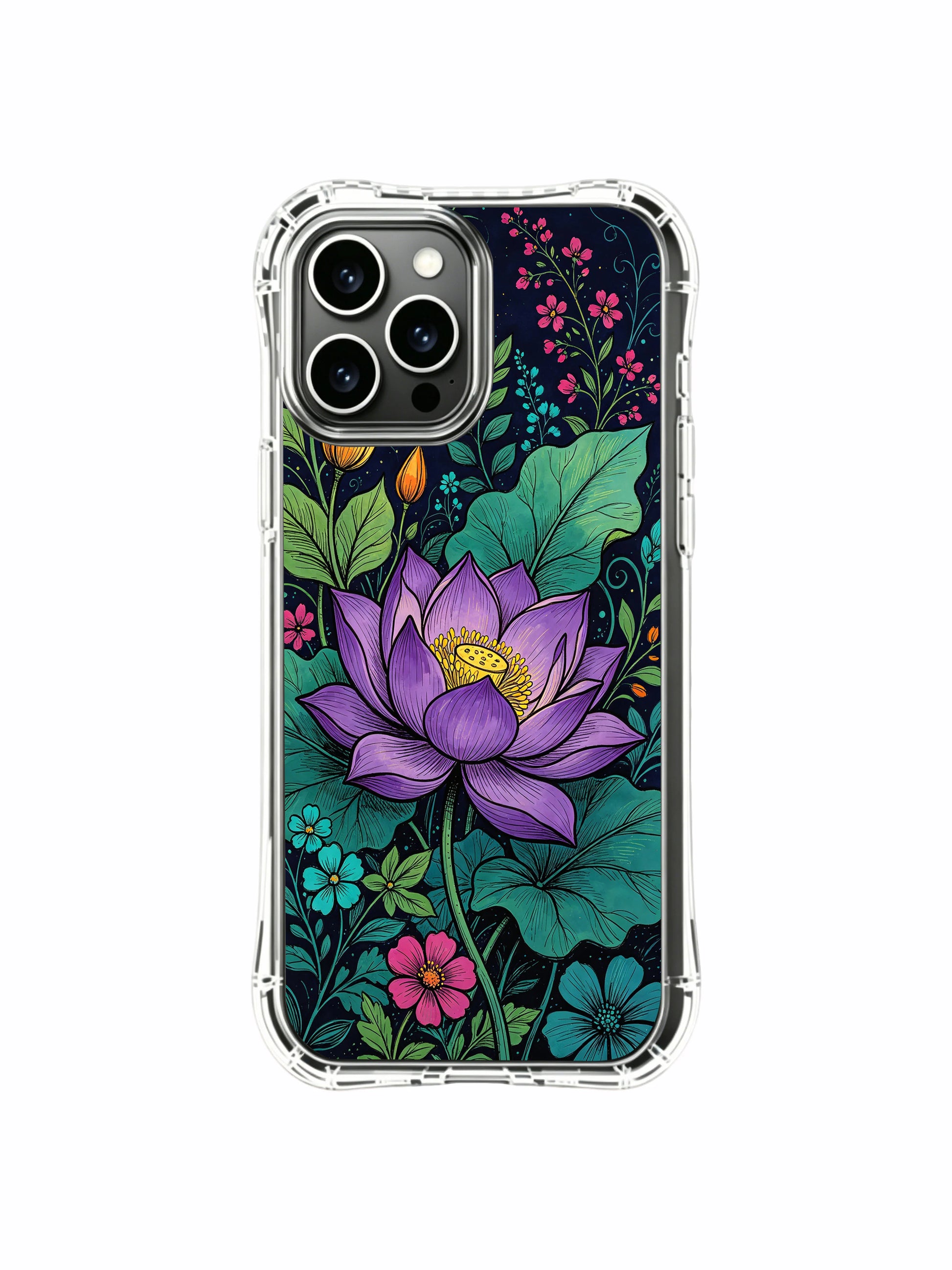 PhoneCasing iPhone 16 Pro Max Case with a dark background floral design by Elias Nocturne. Purple lotus and green leaf pattern, aesthetic protective case for women.